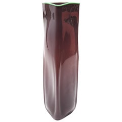 Modern Art Glass Mauve Triangular Vase With Green Rim