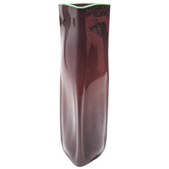 Modern Art Glass Mauve Triangular Vase With Green Rim 