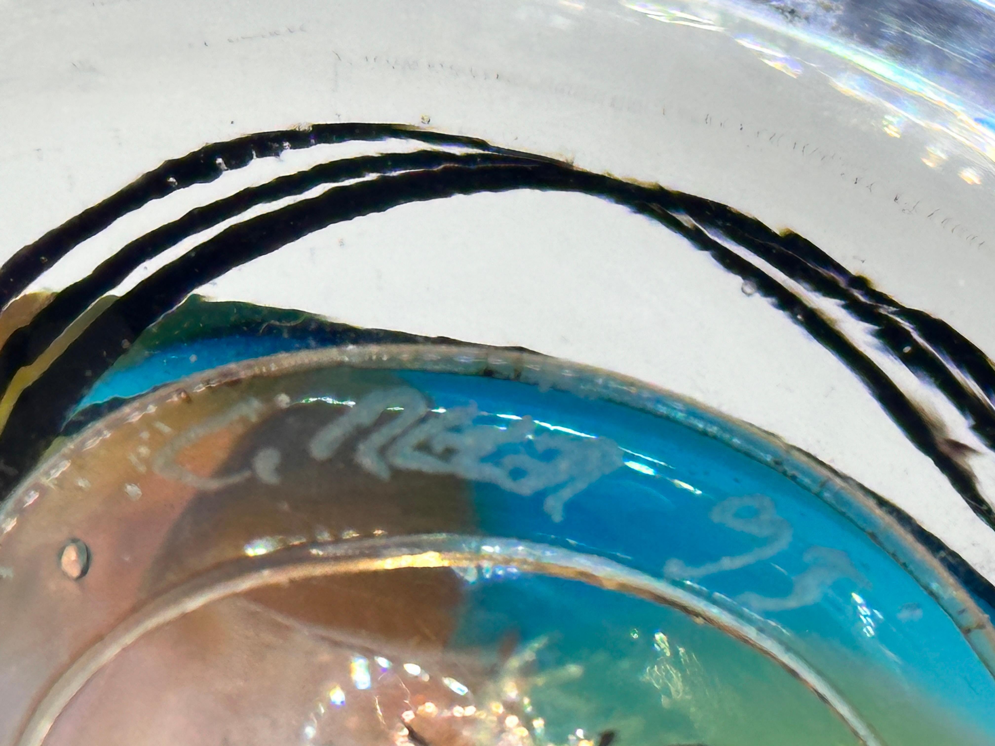 Modern Art Glass Paperweight with Blue and Amber Swirls, Signed & Dated 1993 6