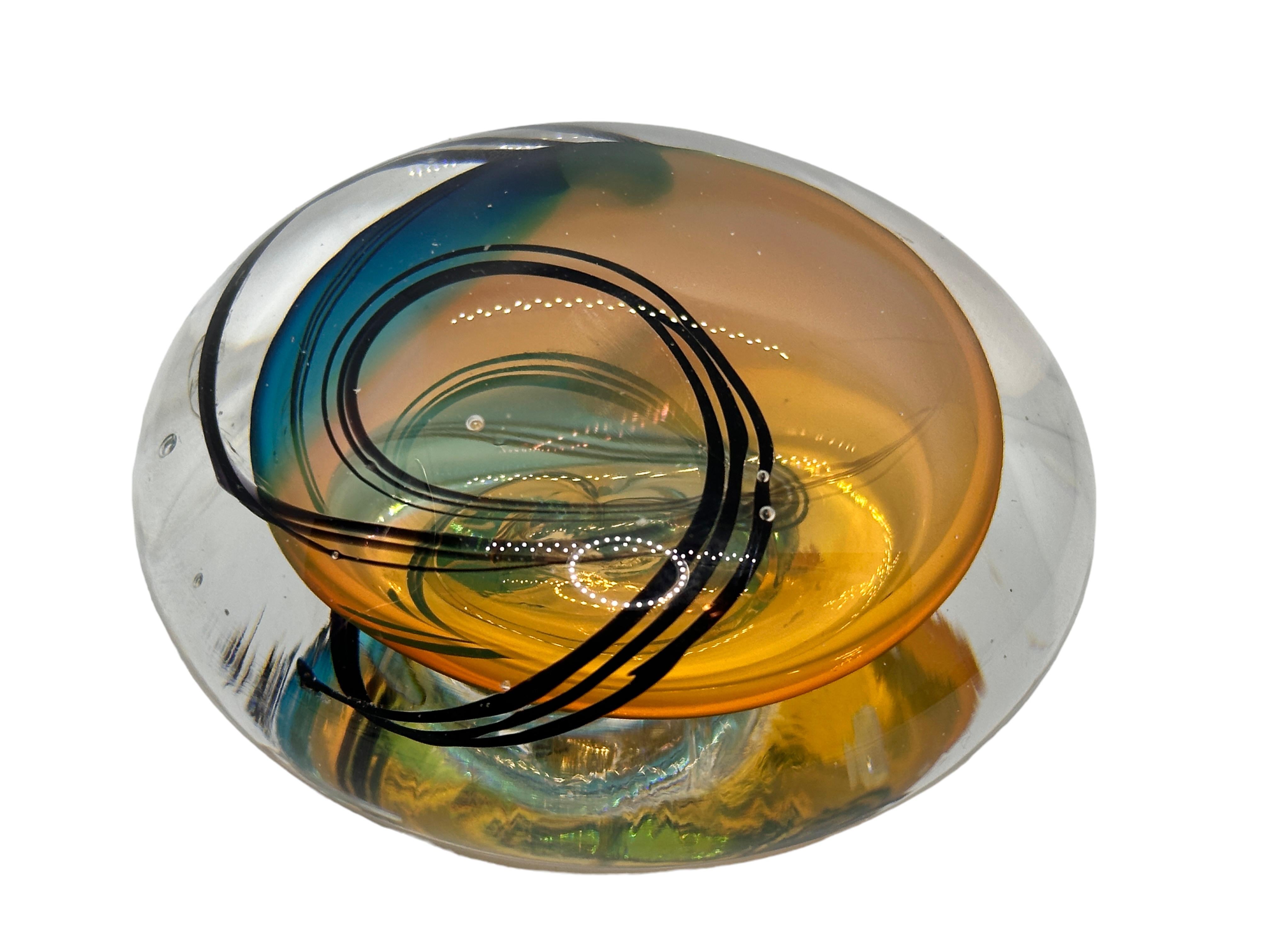 German Modern Art Glass Paperweight with Blue and Amber Swirls, Signed & Dated 1993