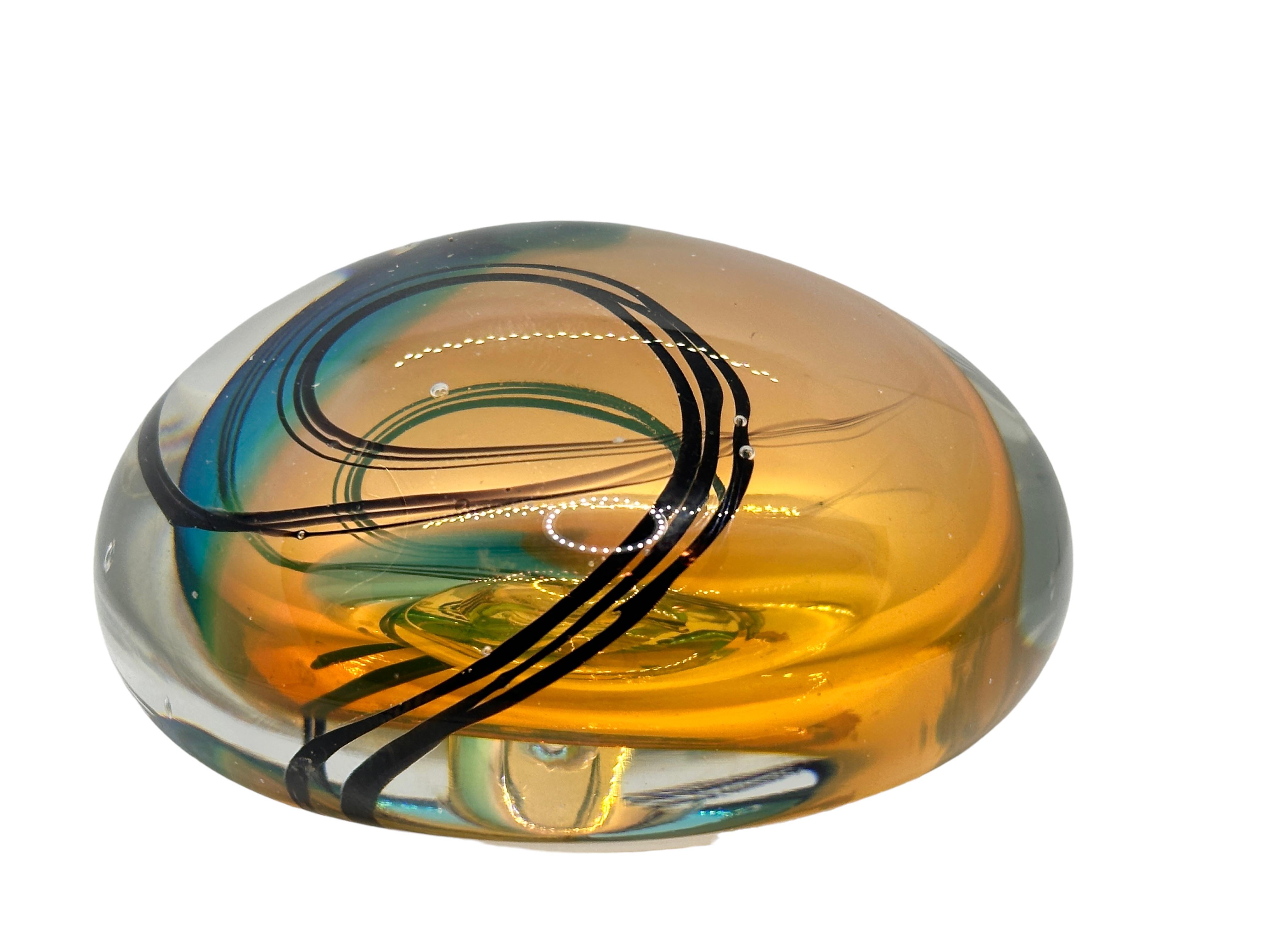 Hand-Crafted Modern Art Glass Paperweight with Blue and Amber Swirls, Signed & Dated 1993