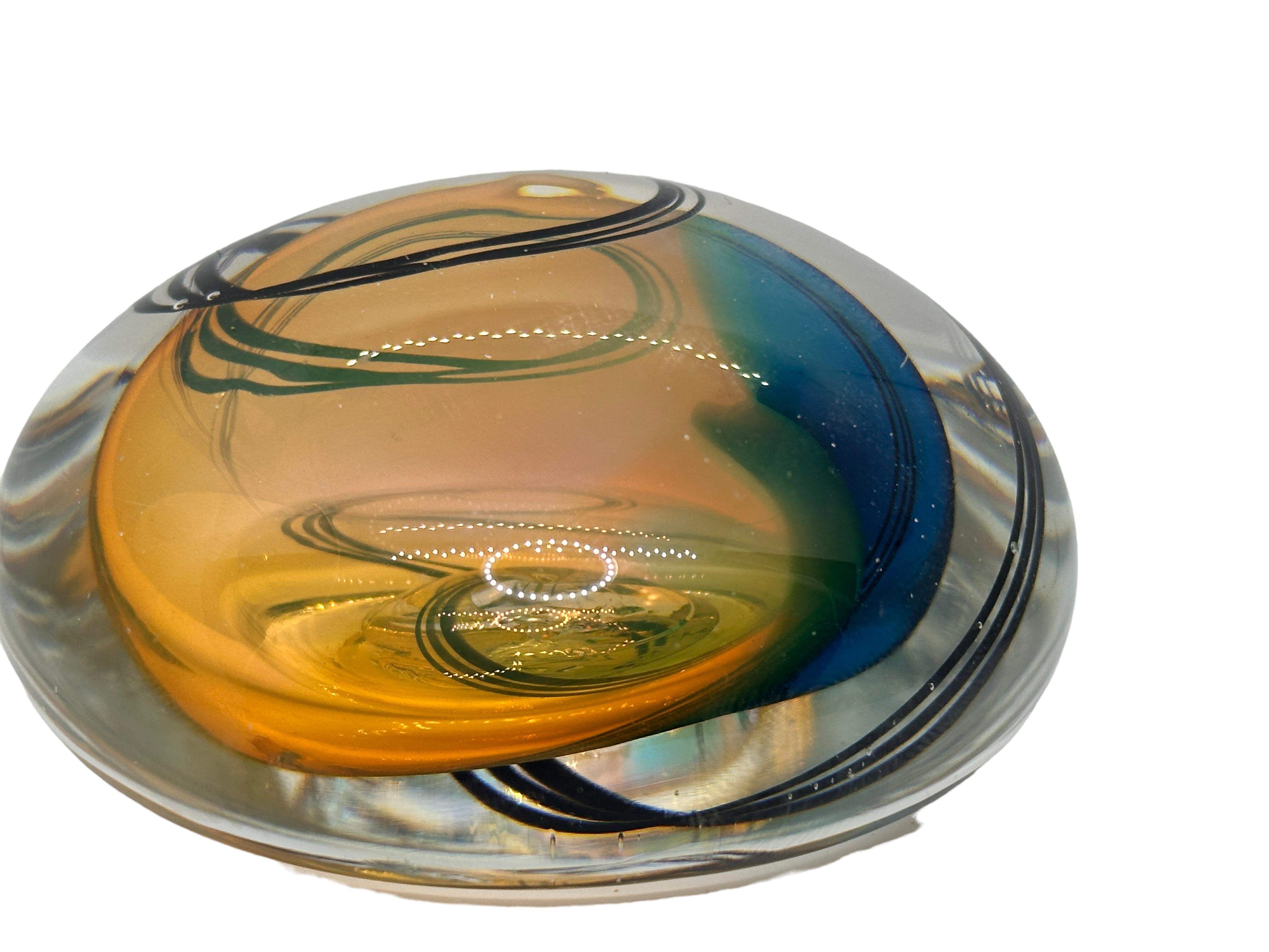Modern Art Glass Paperweight with Blue and Amber Swirls, Signed & Dated 1993 In Good Condition In Nuernberg, DE