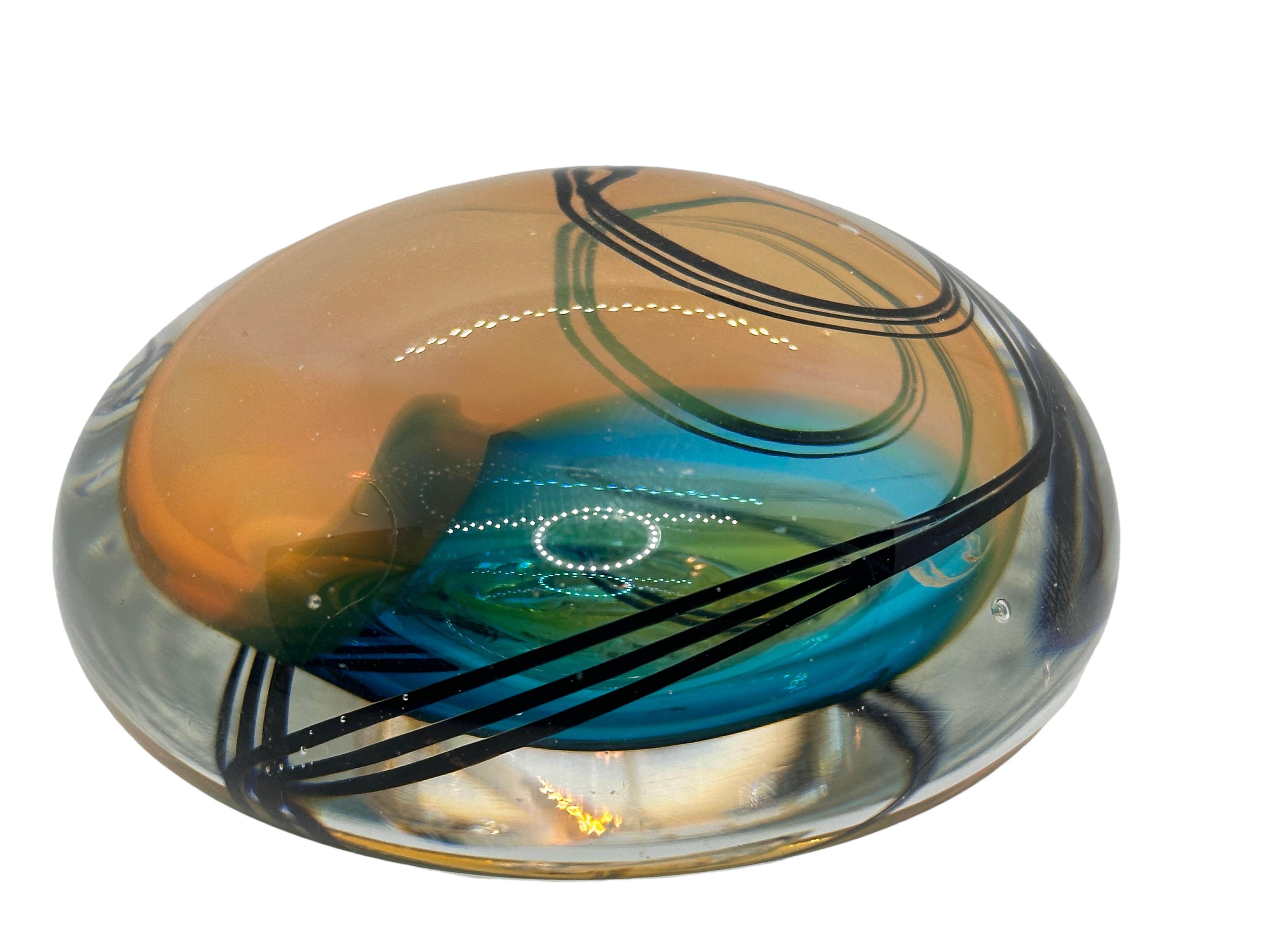 Late 20th Century Modern Art Glass Paperweight with Blue and Amber Swirls, Signed & Dated 1993