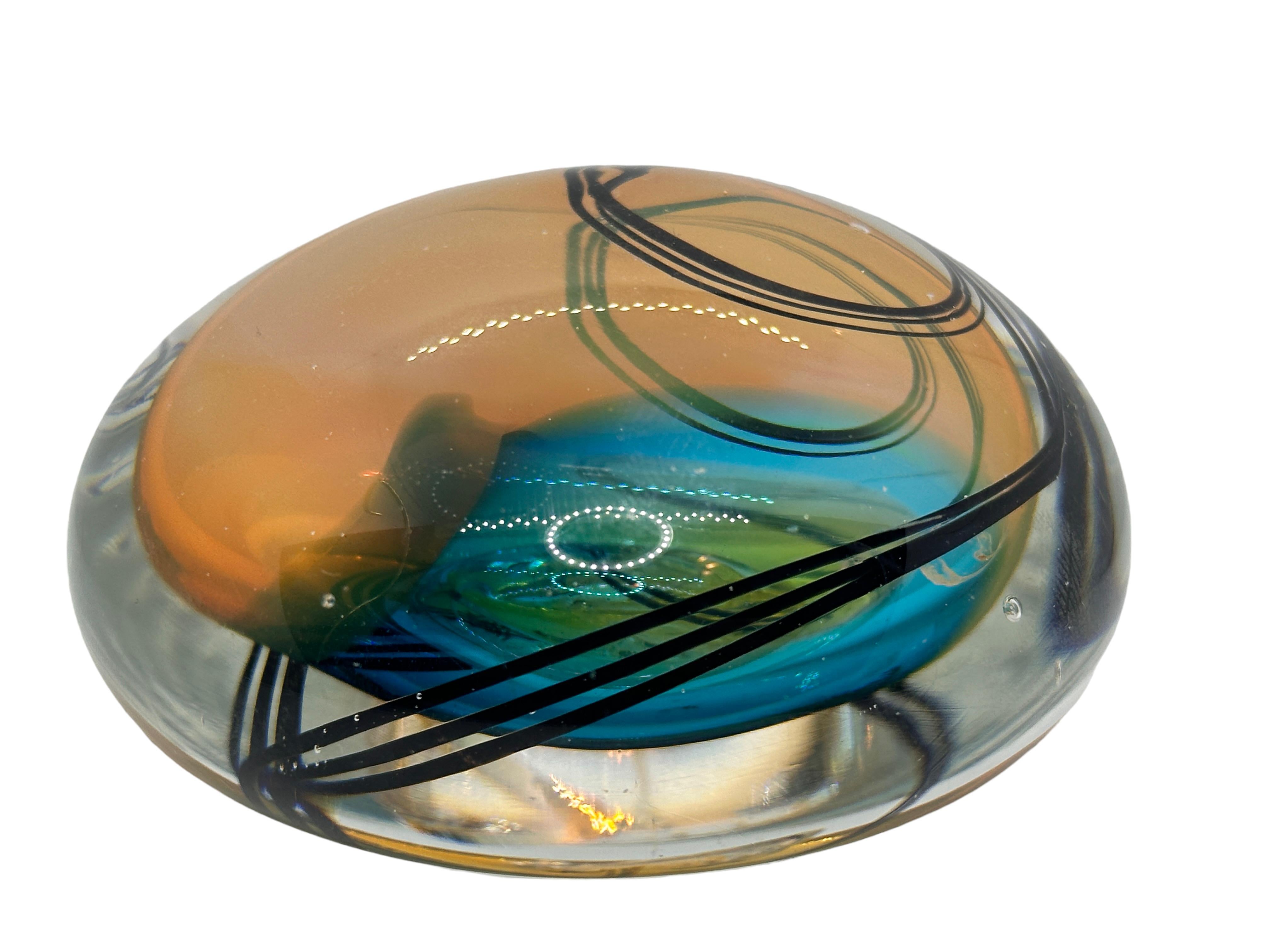 Modern Art Glass Paperweight with Blue and Amber Swirls, Signed & Dated 1993 1