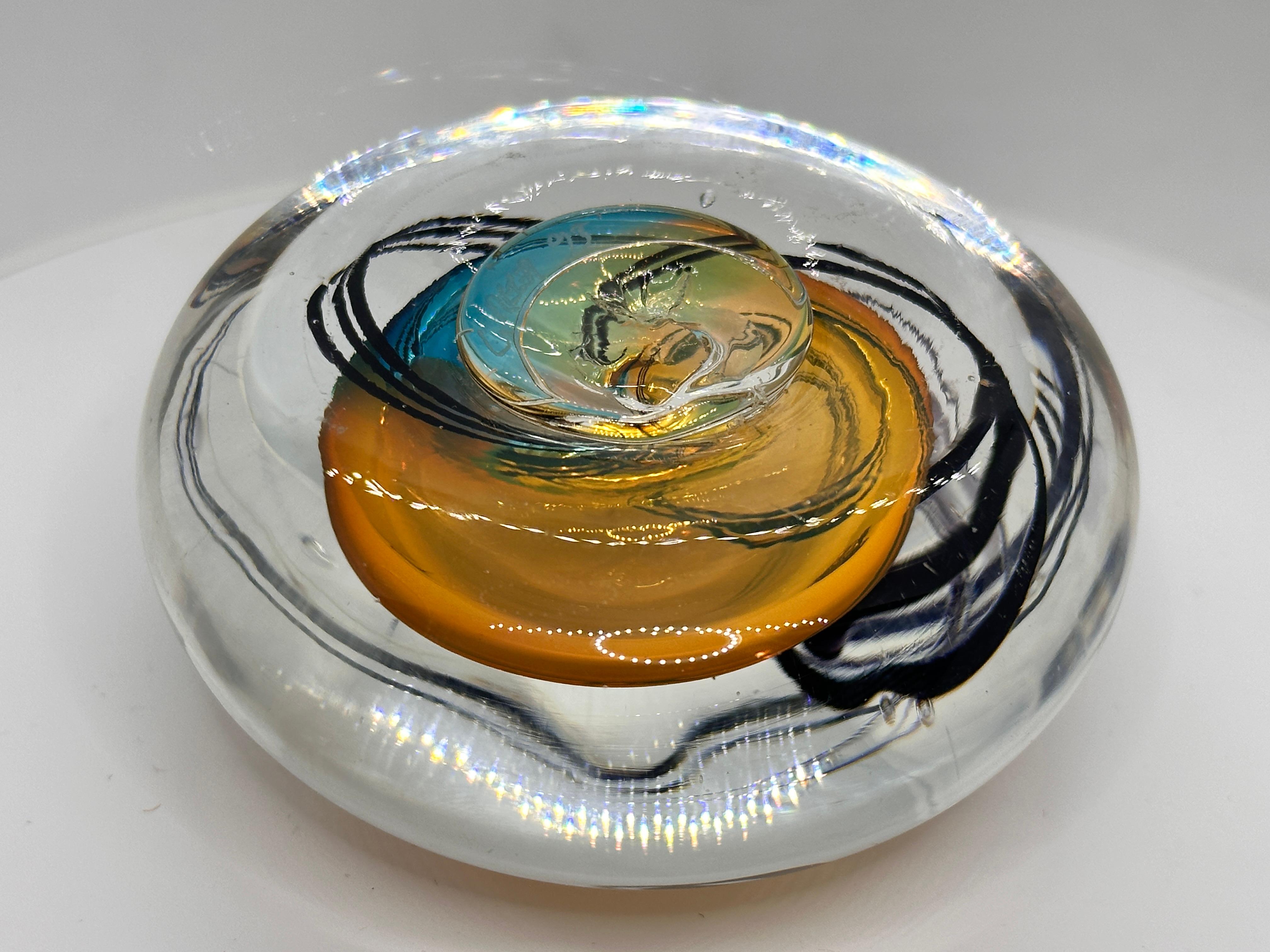Modern Art Glass Paperweight with Blue and Amber Swirls, Signed & Dated 1993 2