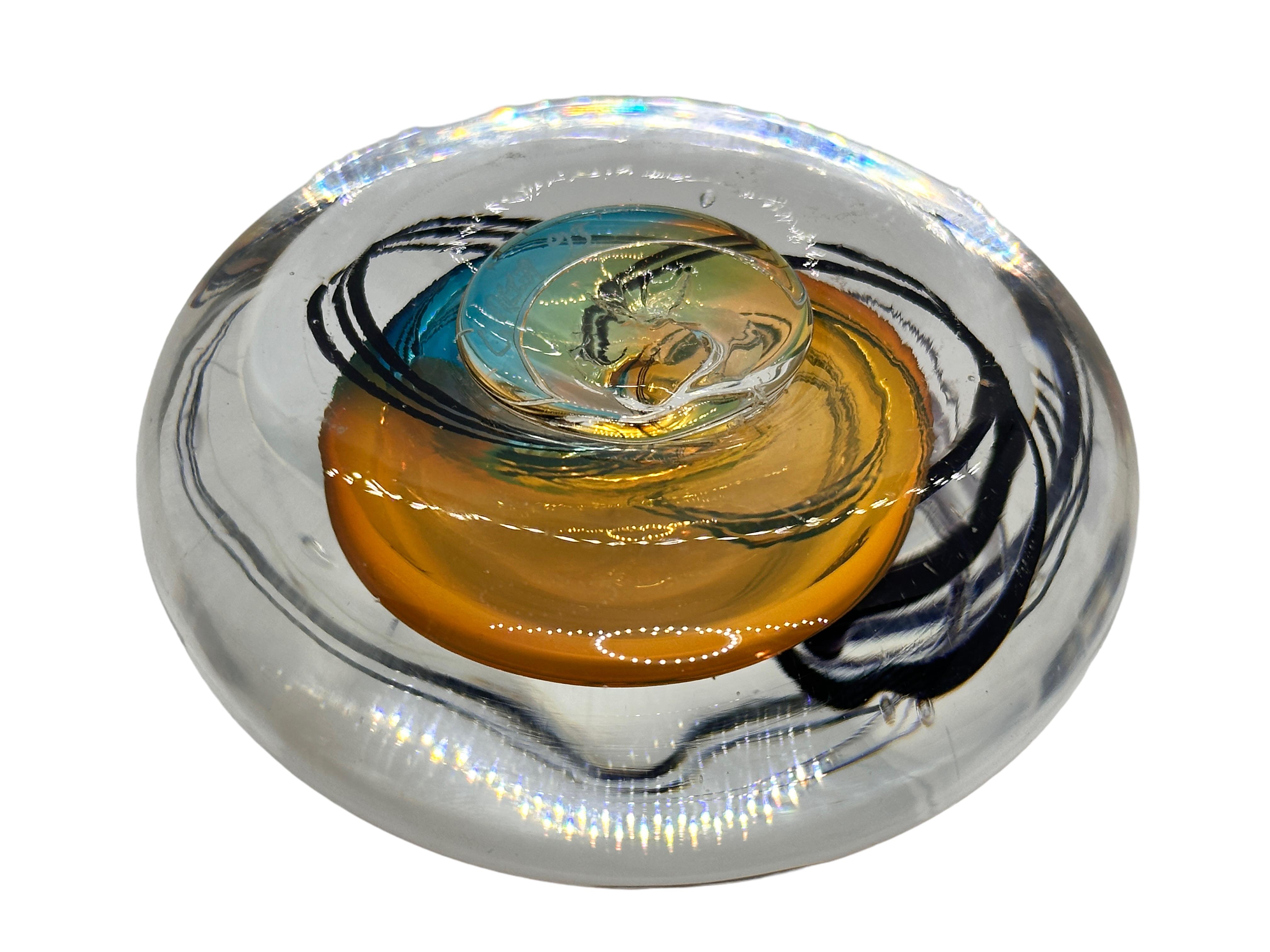 Modern Art Glass Paperweight with Blue and Amber Swirls, Signed & Dated 1993 3