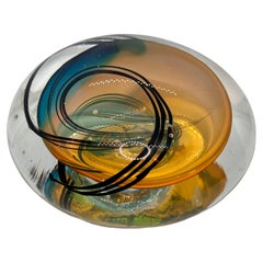 Modern Art Glass Paperweight with Blue and Amber Swirls, Signed & Dated 1993