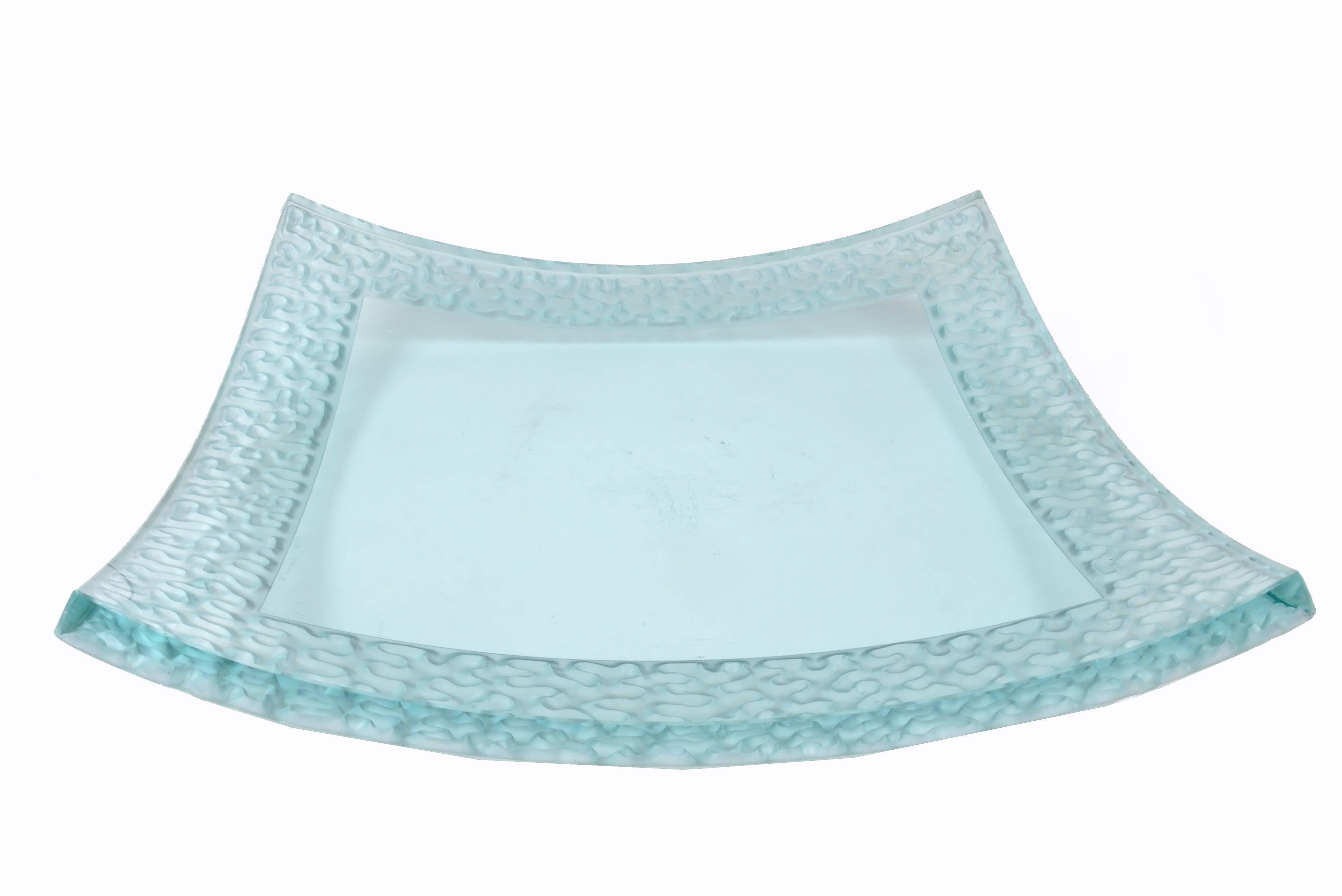Modern heavy centerpiece made out of aqua green tint frosted art glass. 
Signed and dated by Artist; Schlamer 1996.
  
