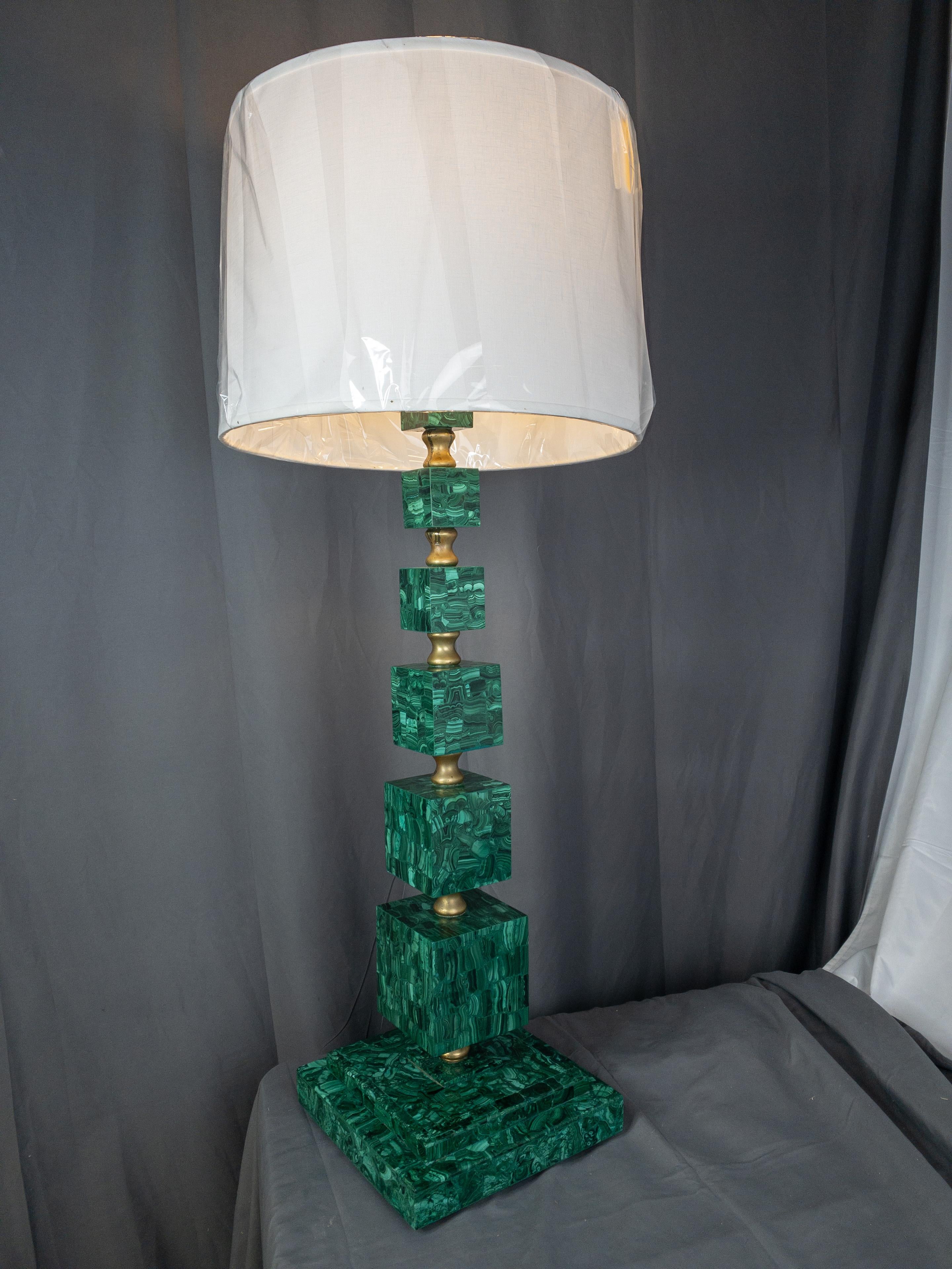 Modern Art Malachite and Brass Tessellated Lamp For Sale 7