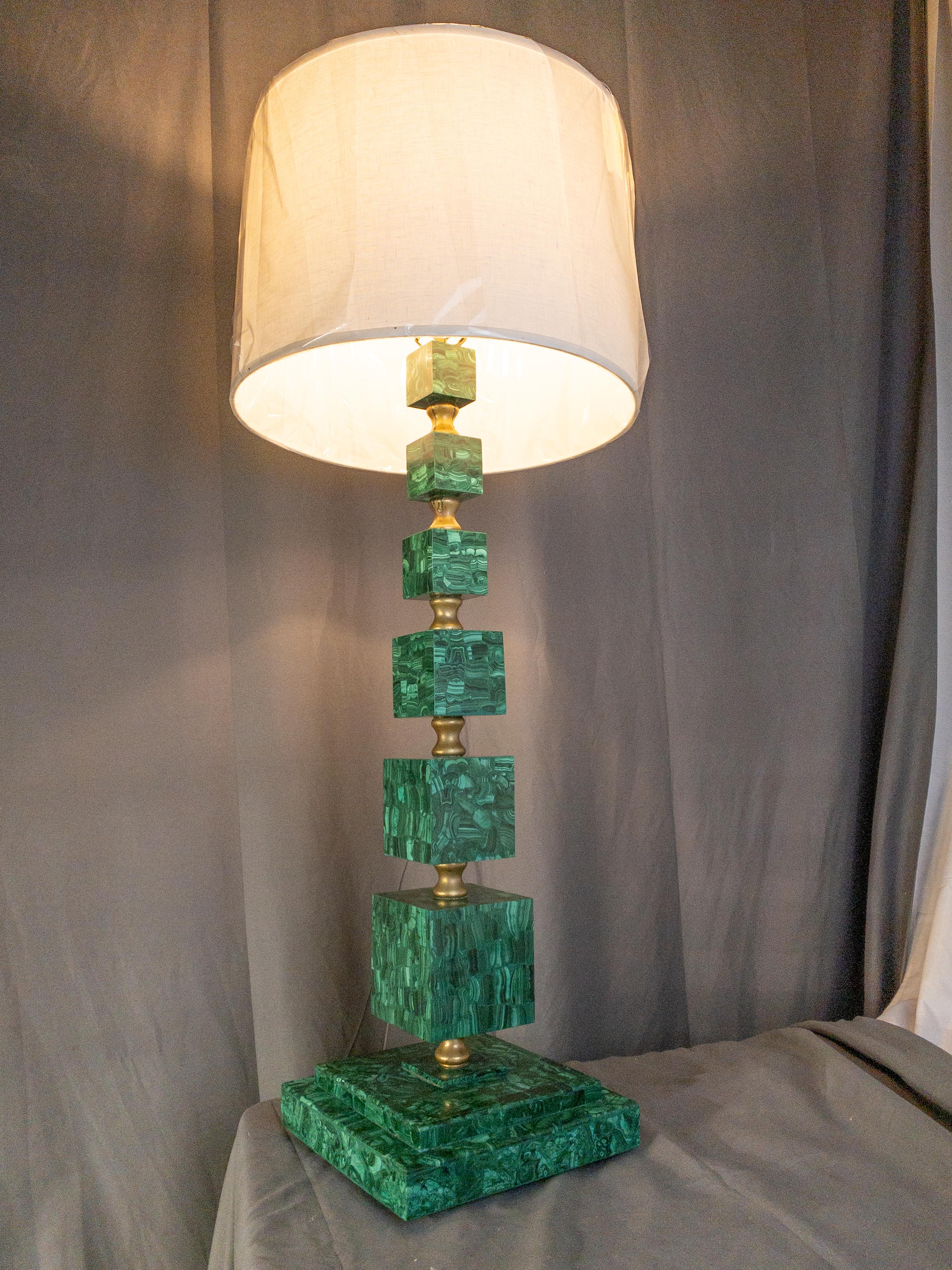 Modern Art Malachite and Brass Tessellated Lamp For Sale 11