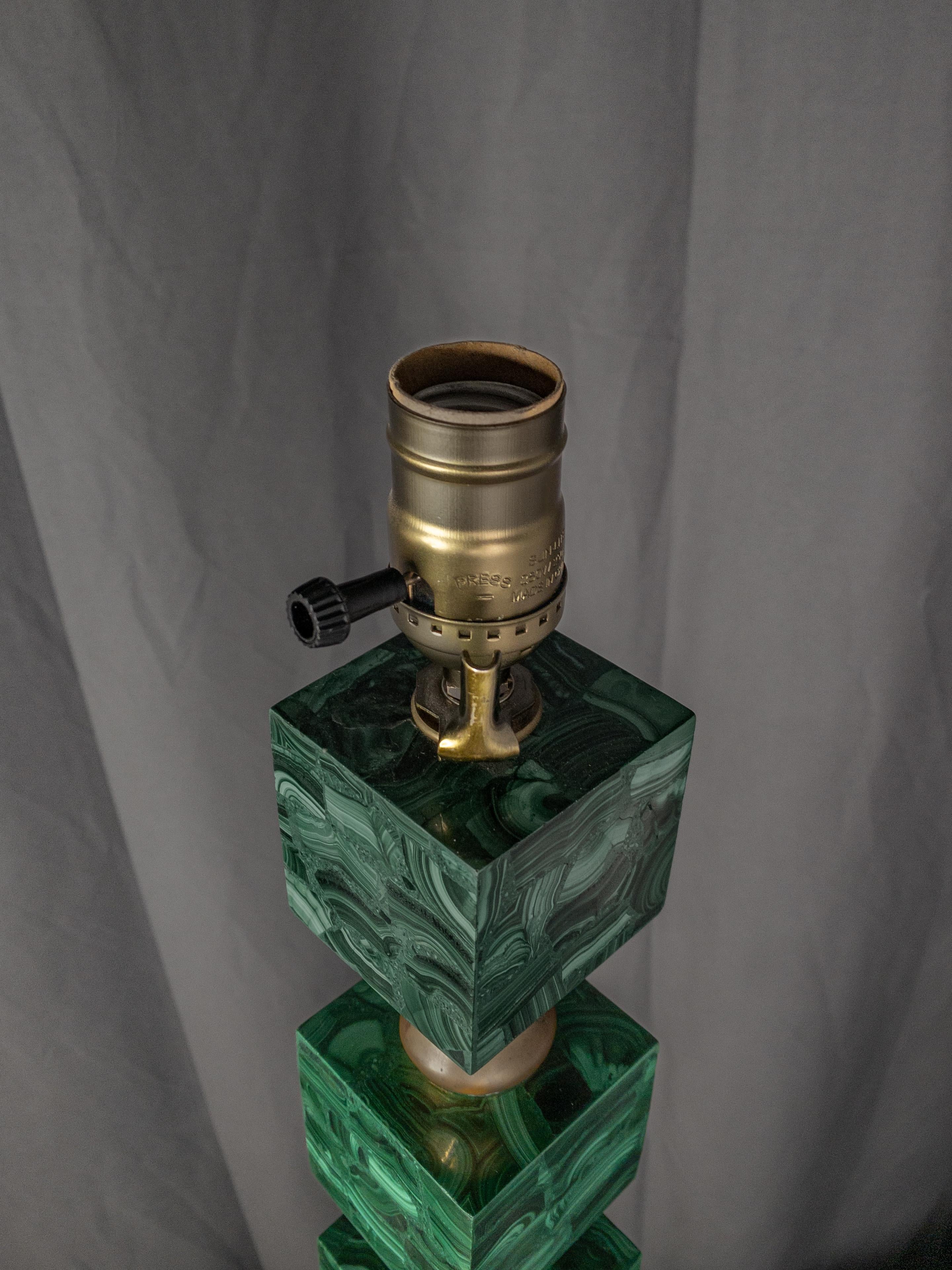 20th Century Modern Art Malachite and Brass Tessellated Lamp For Sale