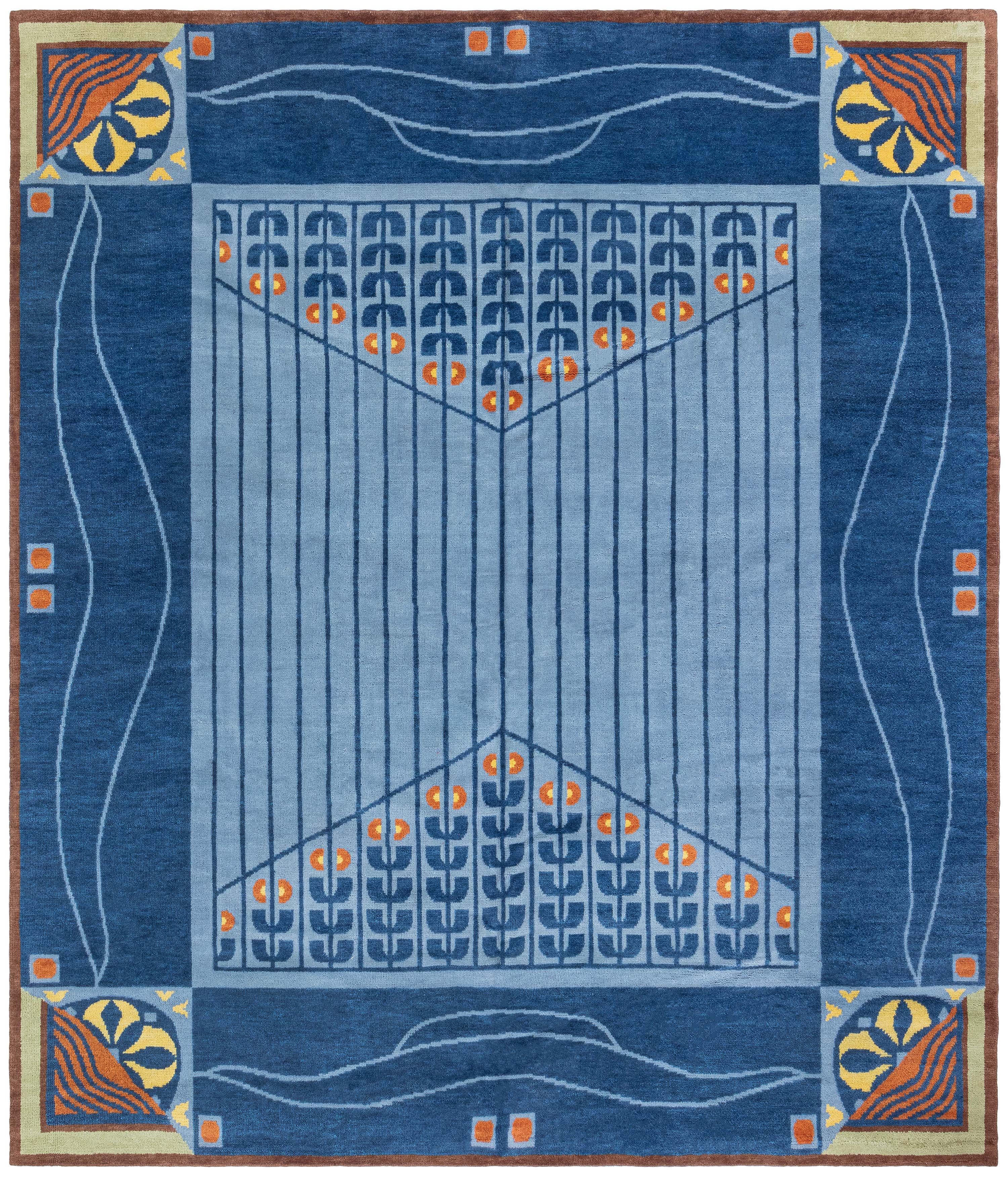 Modern Art Nouveau Geometric Blue With Slate Rug "Rivage" by Doris Leslie Blau