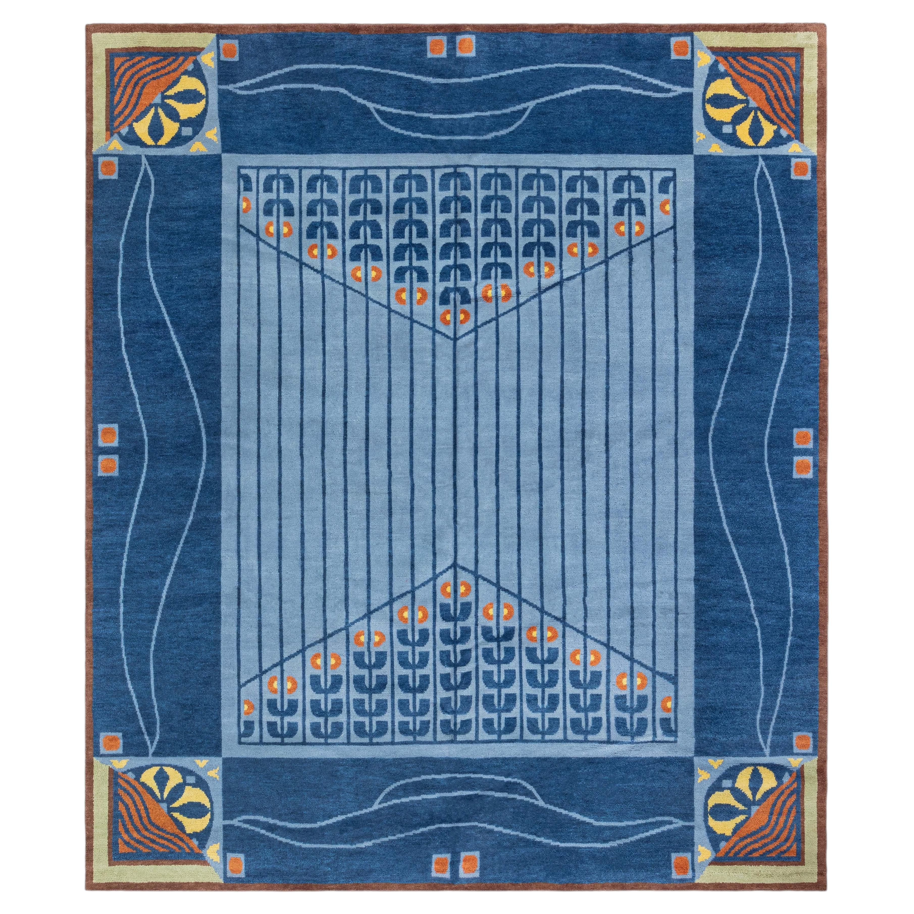 Modern Art Nouveau Geometric Blue With Slate Rug "Rivage" by Doris Leslie Blau