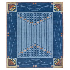 Modern Art Nouveau Geometric Blue With Slate Rug "Rivage" by Doris Leslie Blau