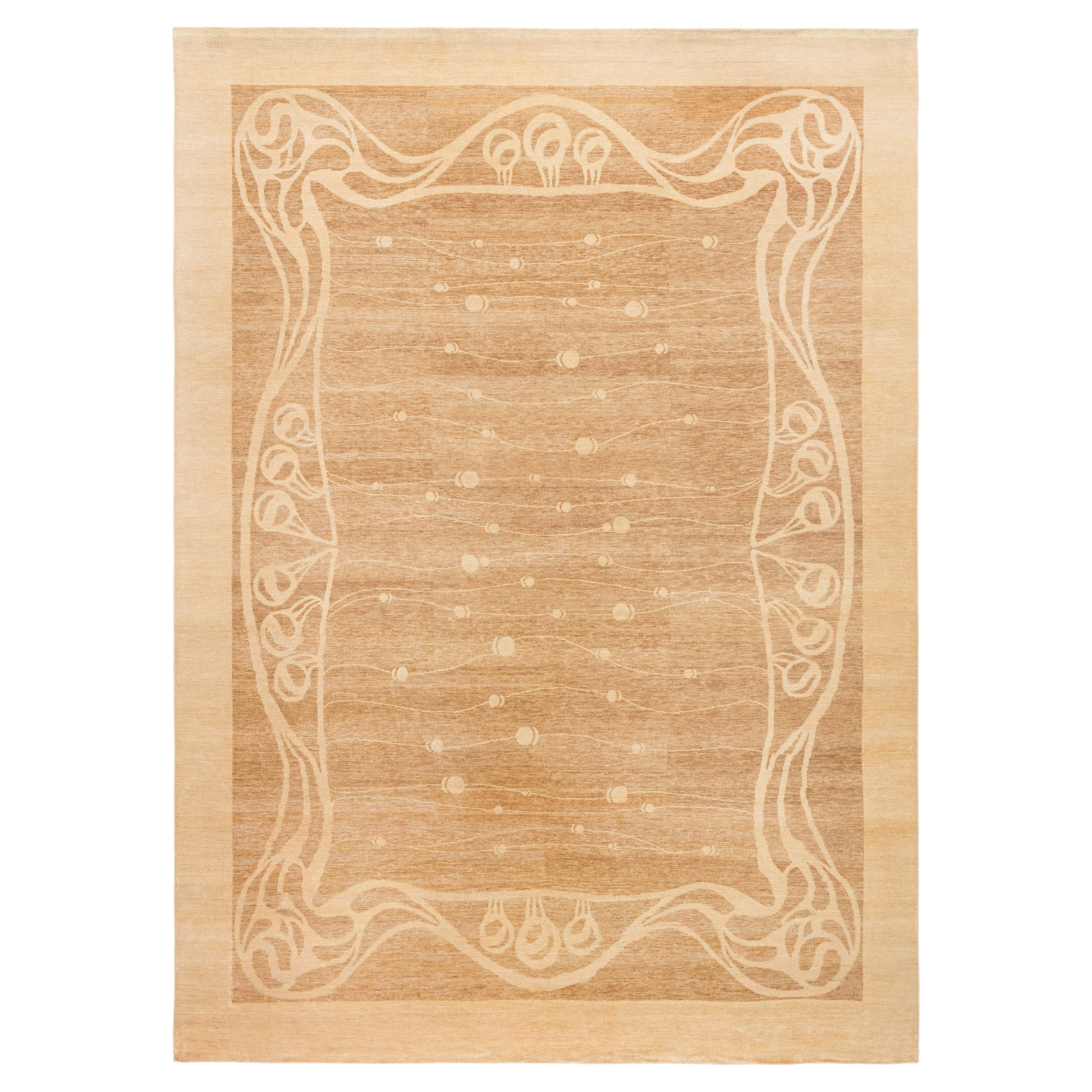 Modern Art Nouveau-Inspired Abstract Tan With Beige Rug "Vinedrift"