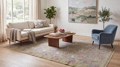 Modern Art Nouveau Inspired Floral Wool Area Rug in Pastel Sage and Rose Pink