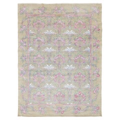 Modern Art Nouveau Inspired Floral Wool Area Rug in Pastel Sage and Rose Pink