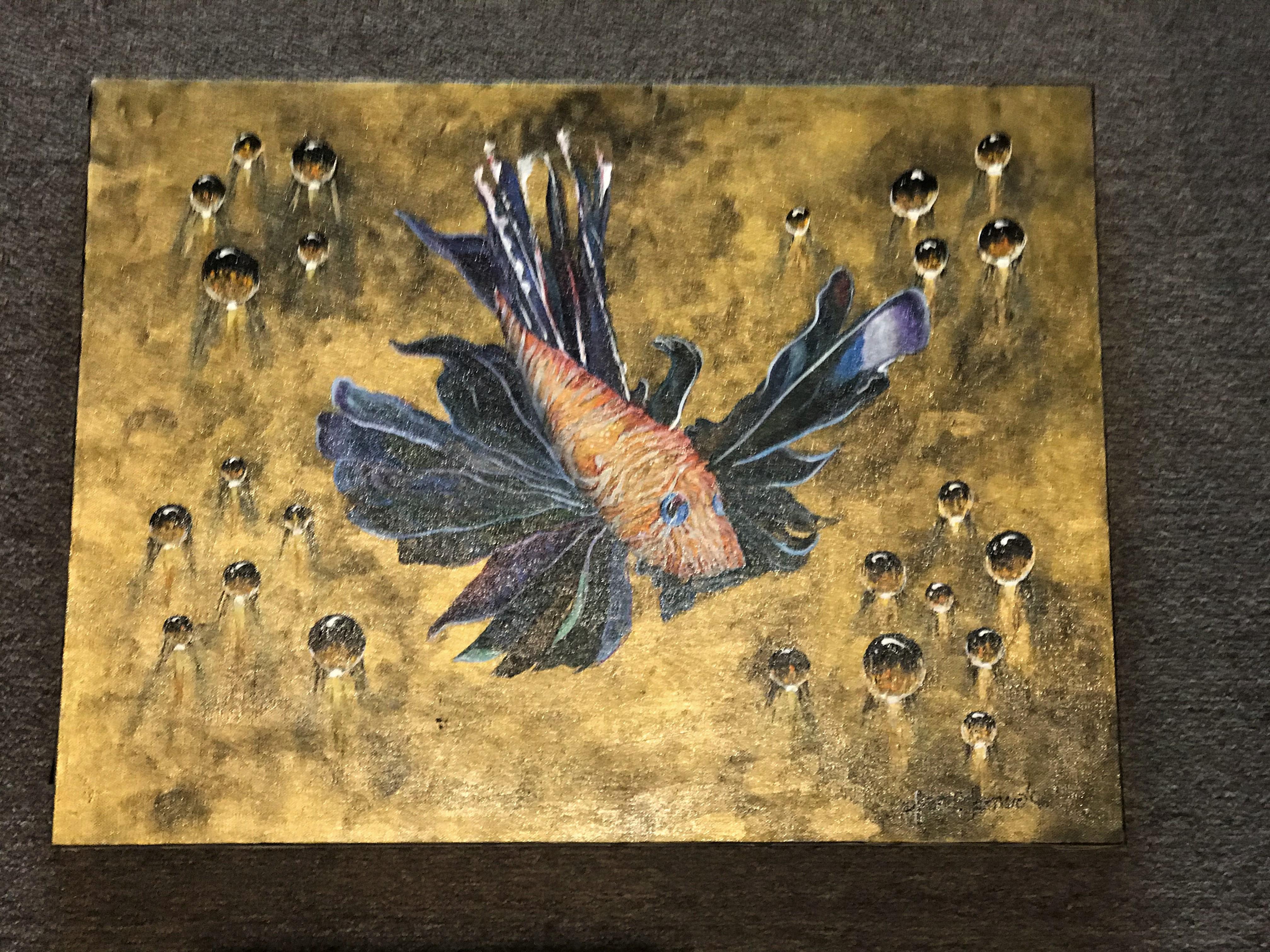 REDUCED FROM $ 190...The invasive Tiger Fish, now quite evident in the Keys and the Caribbean, here a signed 1996 Oil on Canvas by Fran C. Romero depicting a beautiful colorful Tiger Fish with surrealistic Bubbles, like jellyfish rising in an