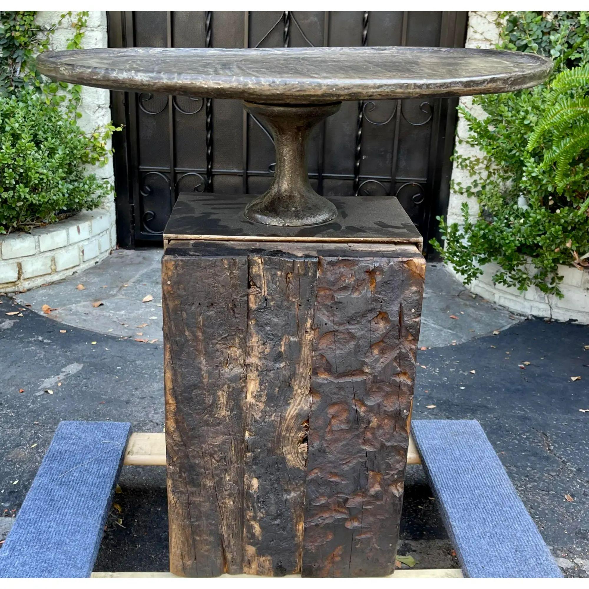 Modern Arteriors Industrial Chic Pounded Iron & Railroad Tie Table In Good Condition In LOS ANGELES, CA