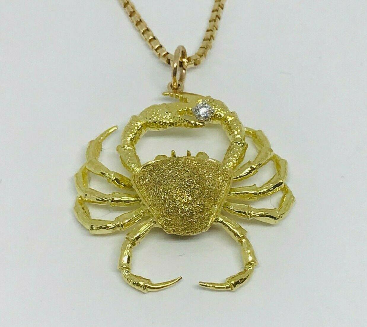 Round Cut Modern Artisan Crab Cancer Yellow Gold Diamond Pendant Chain Necklace