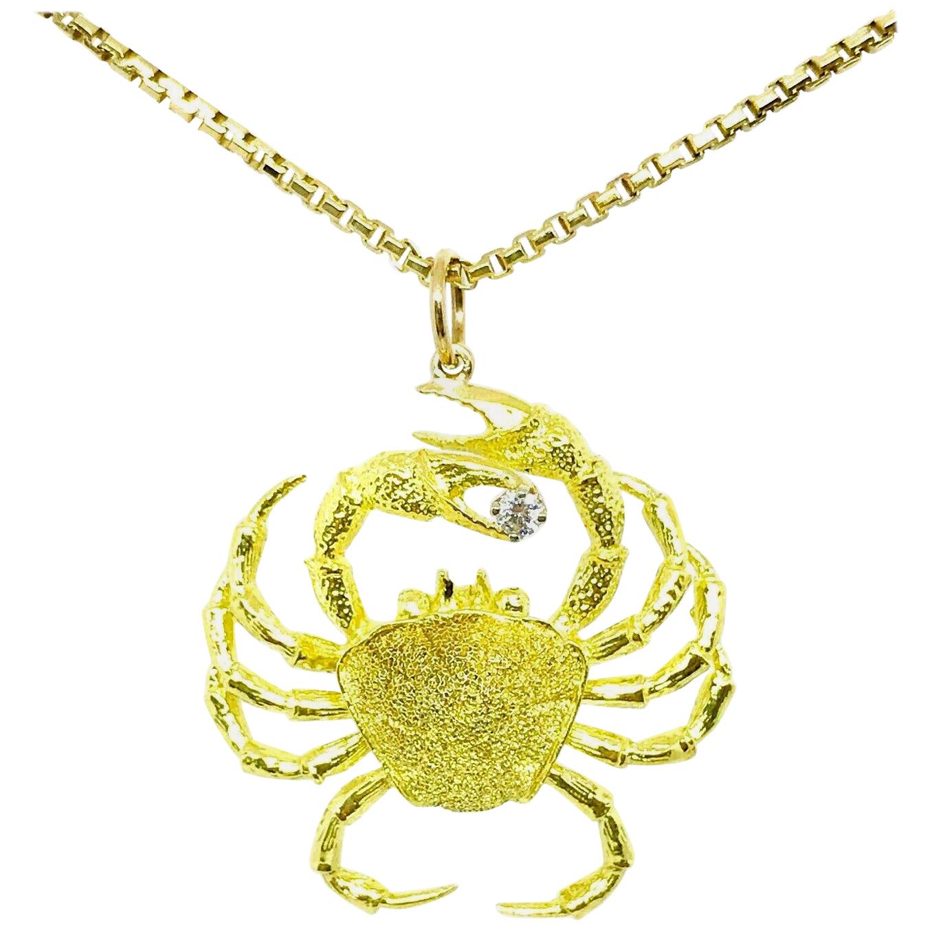 Modern Artisan Crab Cancer Yellow Gold Diamond Pendant Chain Necklace