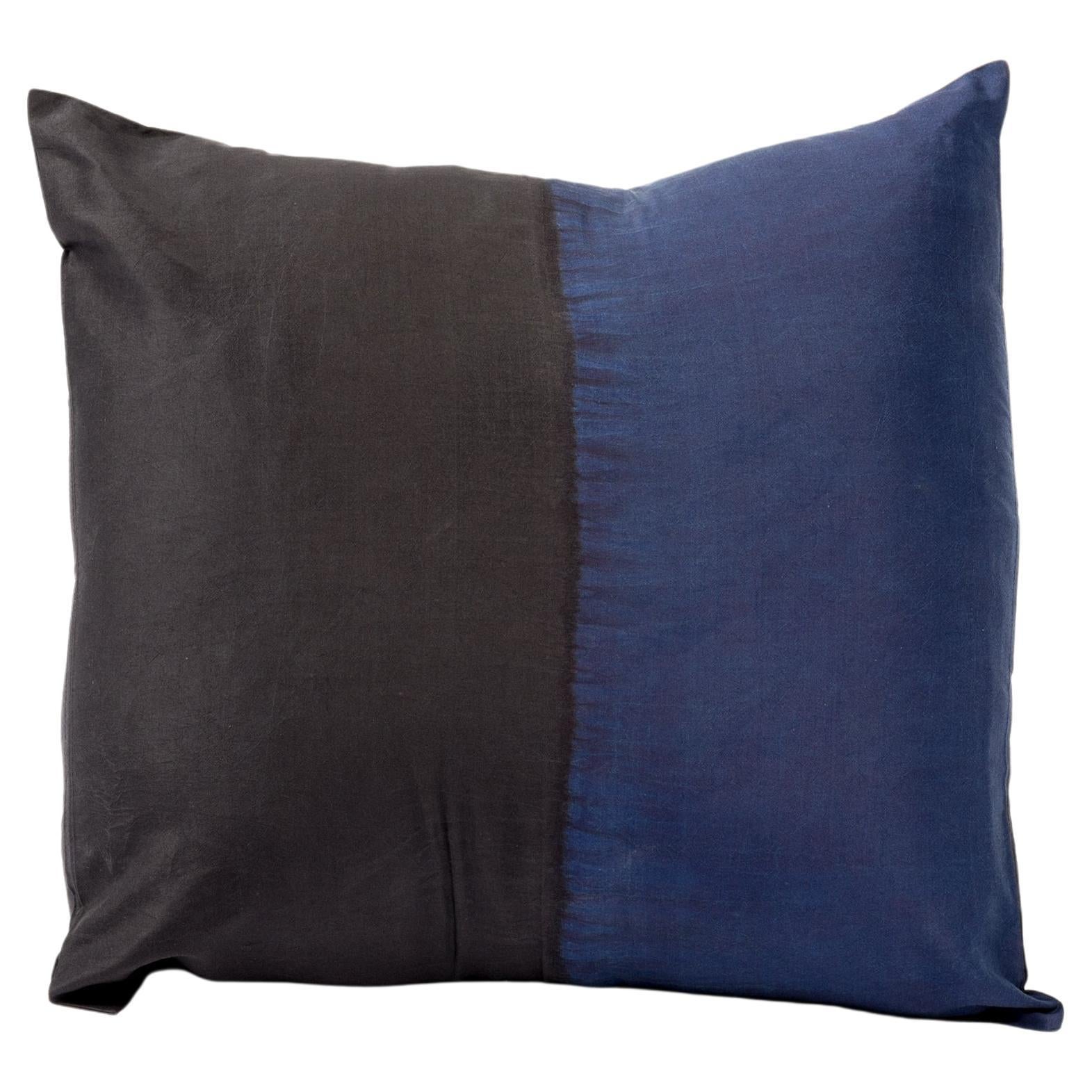 Modern Artisanal Aakar Mor Black & Indigo Color Block Mulberry Silk Pillow