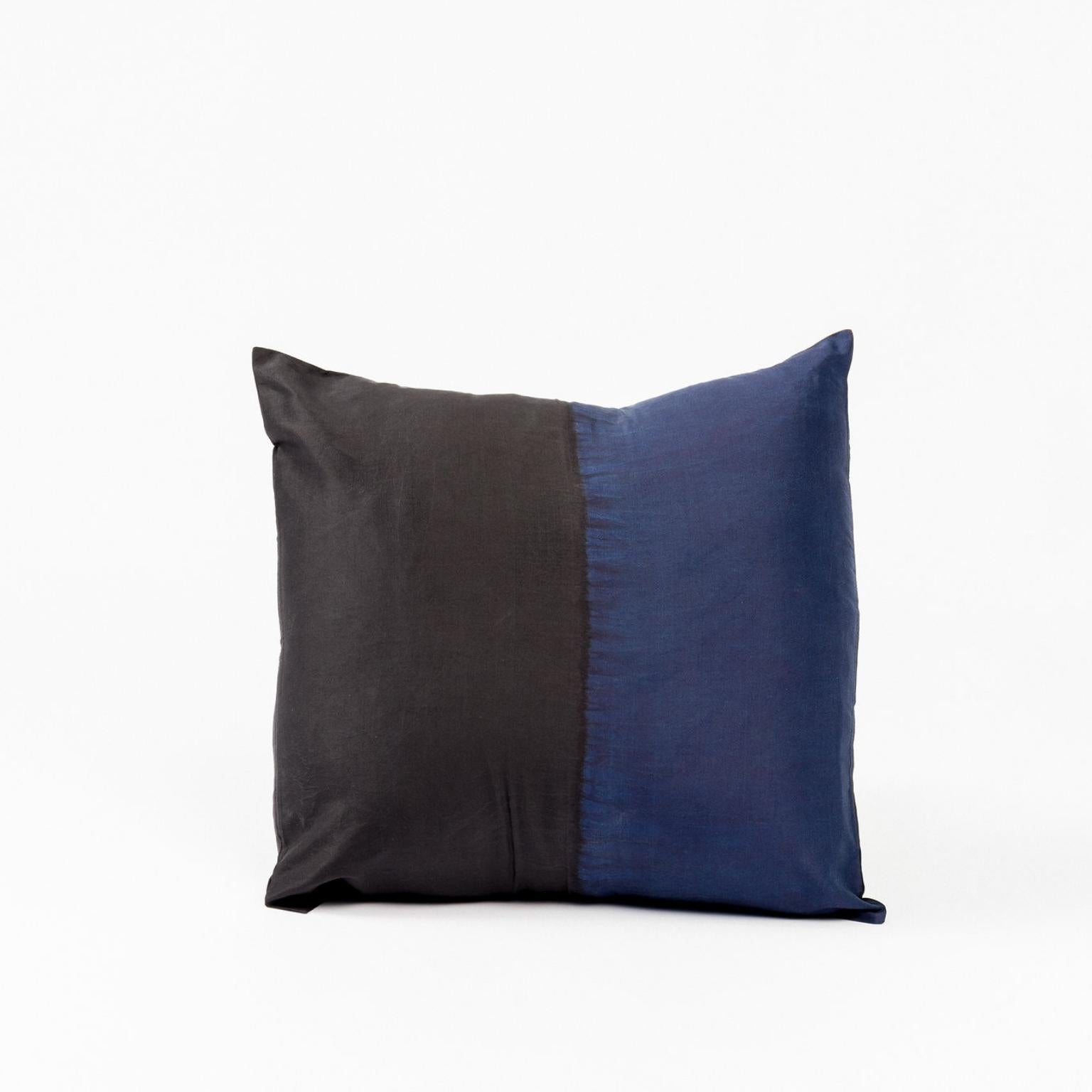 Dyed AAKAR MOR Color Block Silk Pillow in Indigo Black  For Sale