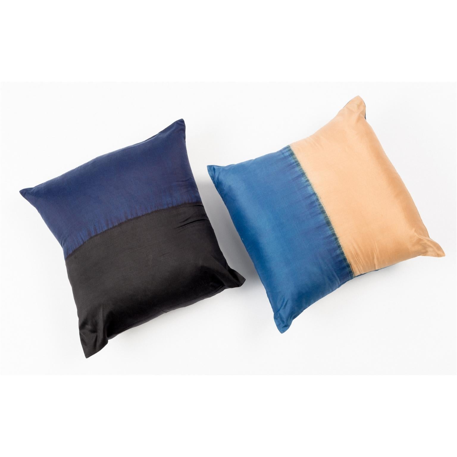 Aakar Mor Black & Indigo Color Block Mulberry Silk Pillow For Sale 5