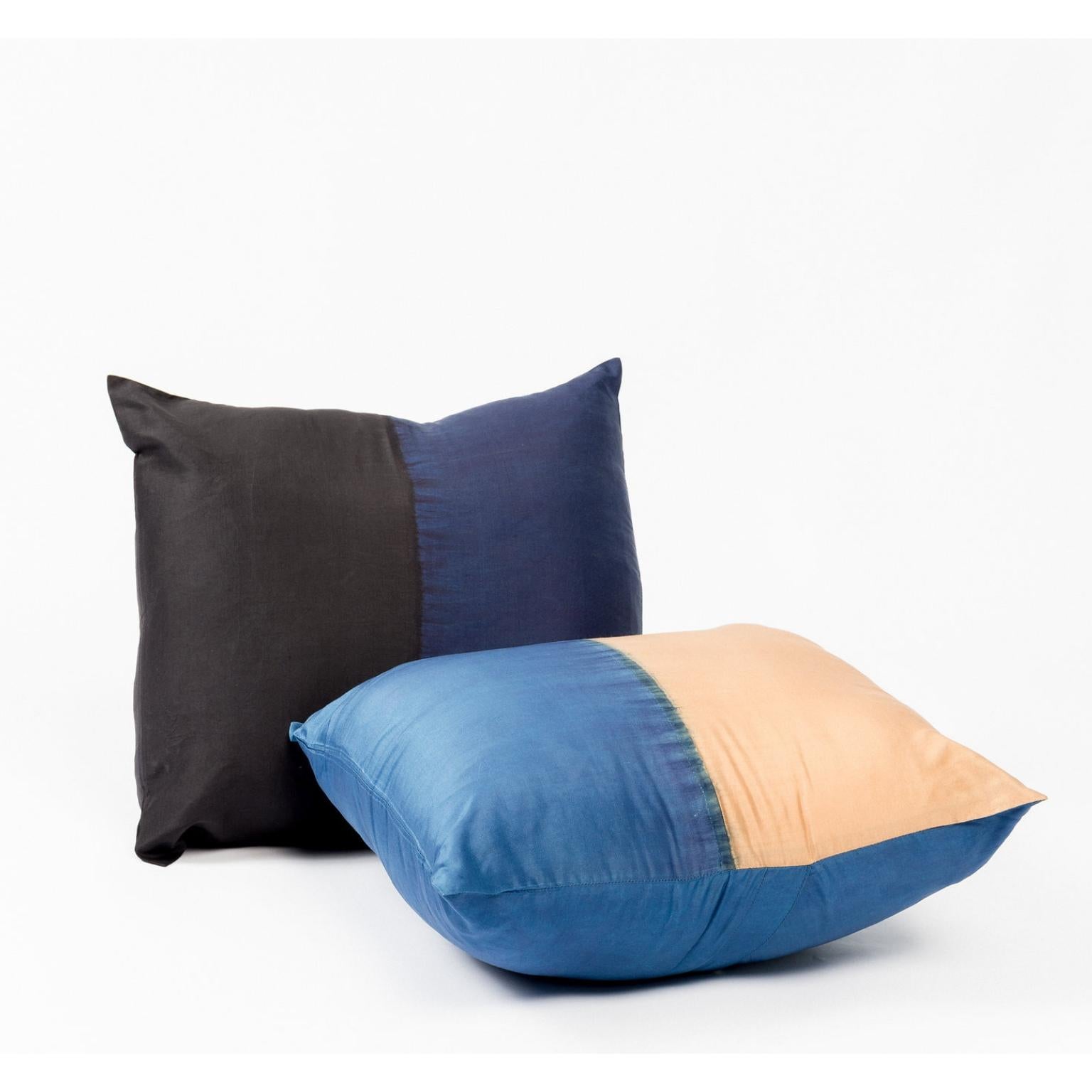 Dyed AAKAR Color Block Silk Pillow In Indigo Gold  For Sale