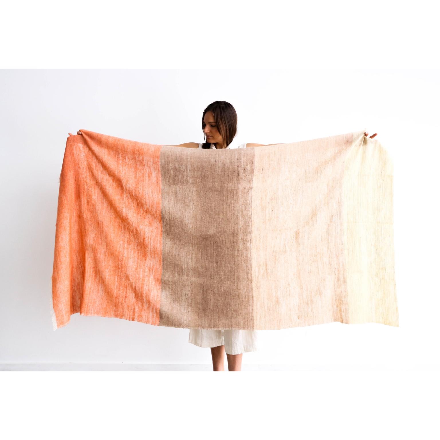 Contemporary Handloom Chestnut Color Block Merino Throw  In Shades Of Orange & Cream  For Sale
