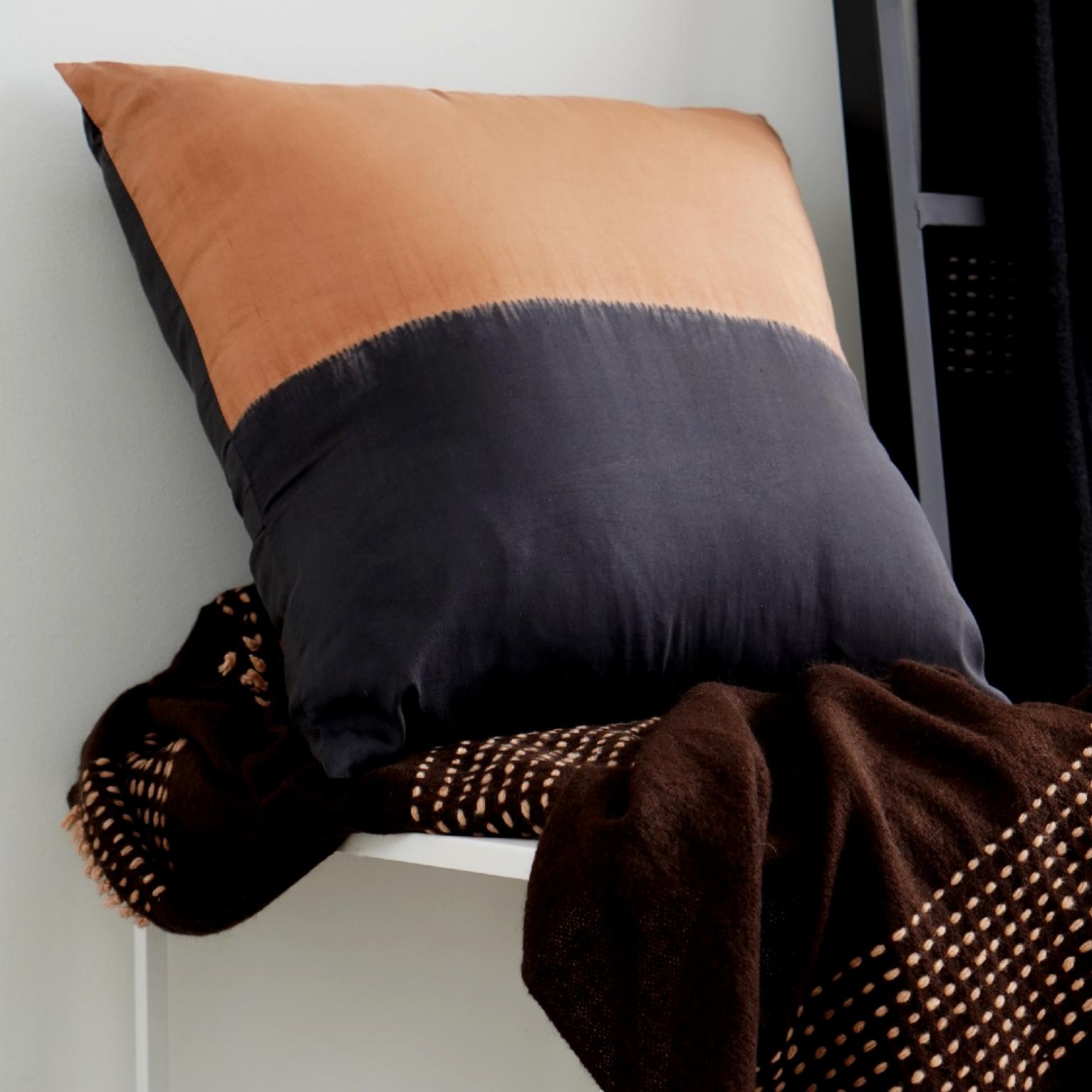 Dyed Kala Silk Color Block Pillow in Black Gold  For Sale