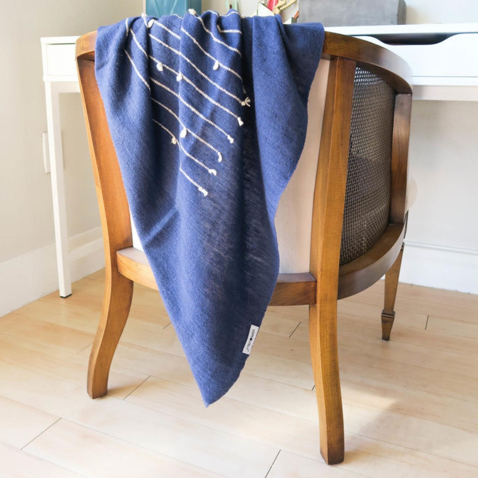 Rosewood Indigo Handloom Throw / Blanket In Soft Merino In Stripes Pattern For Sale 3