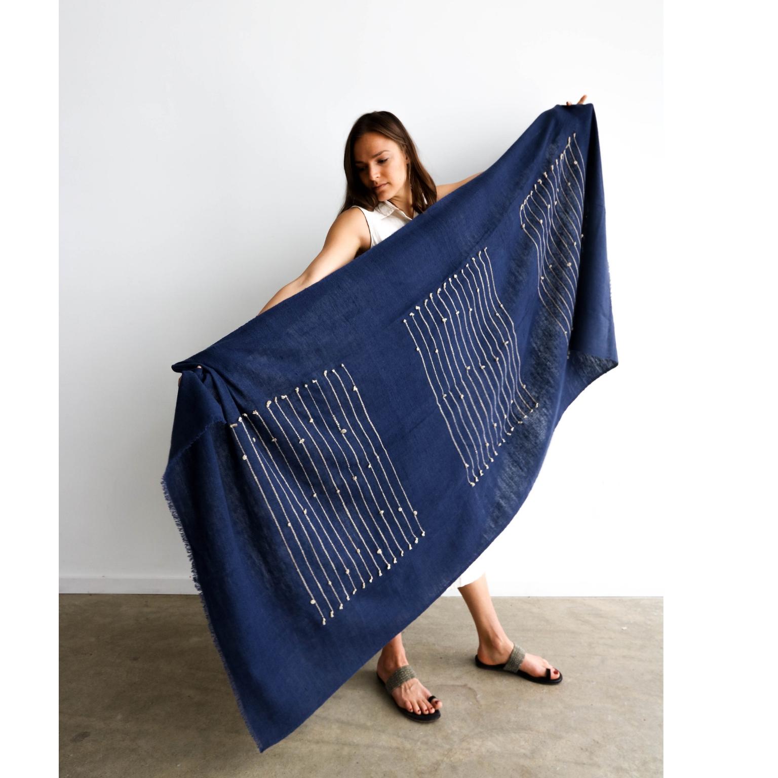 Contemporary Rosewood Indigo Handloom Throw In Rich Indigo Blue, Cream Hand Knotted Stripes For Sale