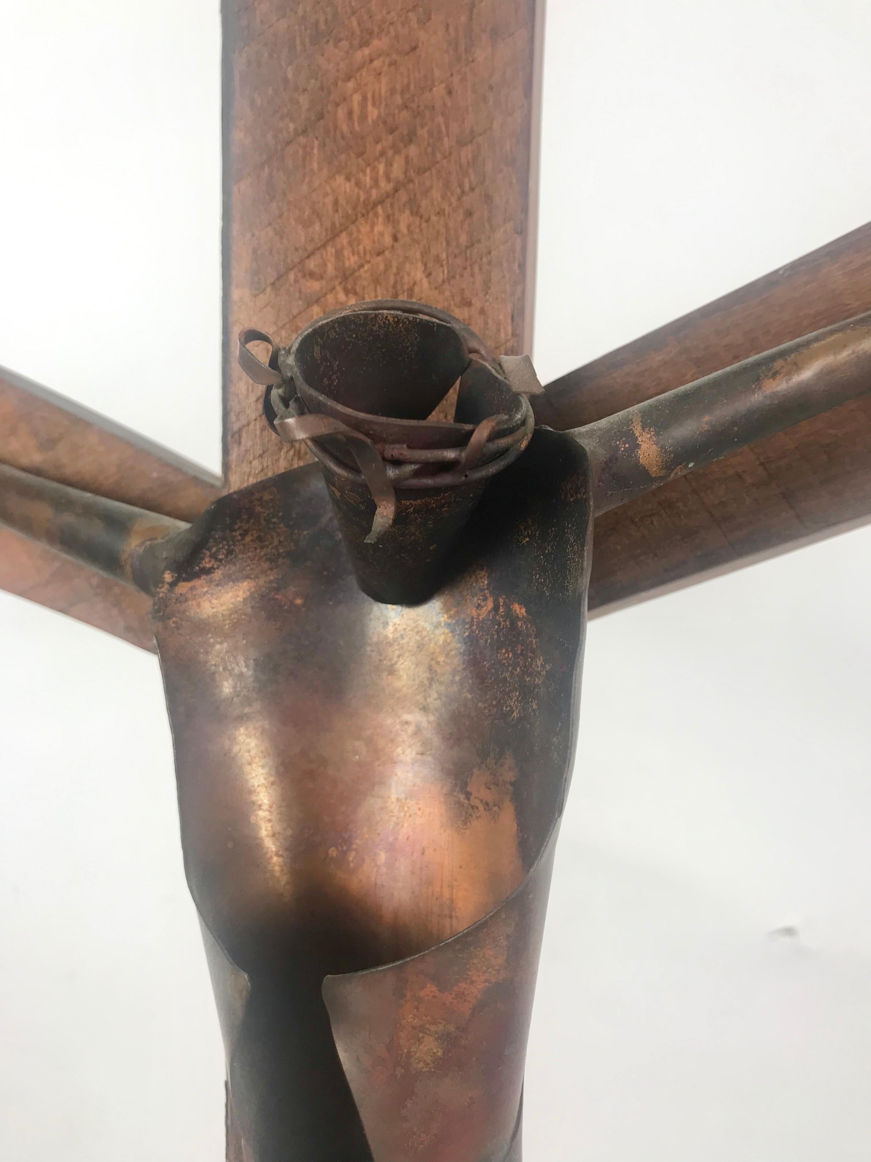 Mid-Century Modern Modern Artist Made Signed Crusifix, Russian, Bent Copper and Wood after Heifetz For Sale
