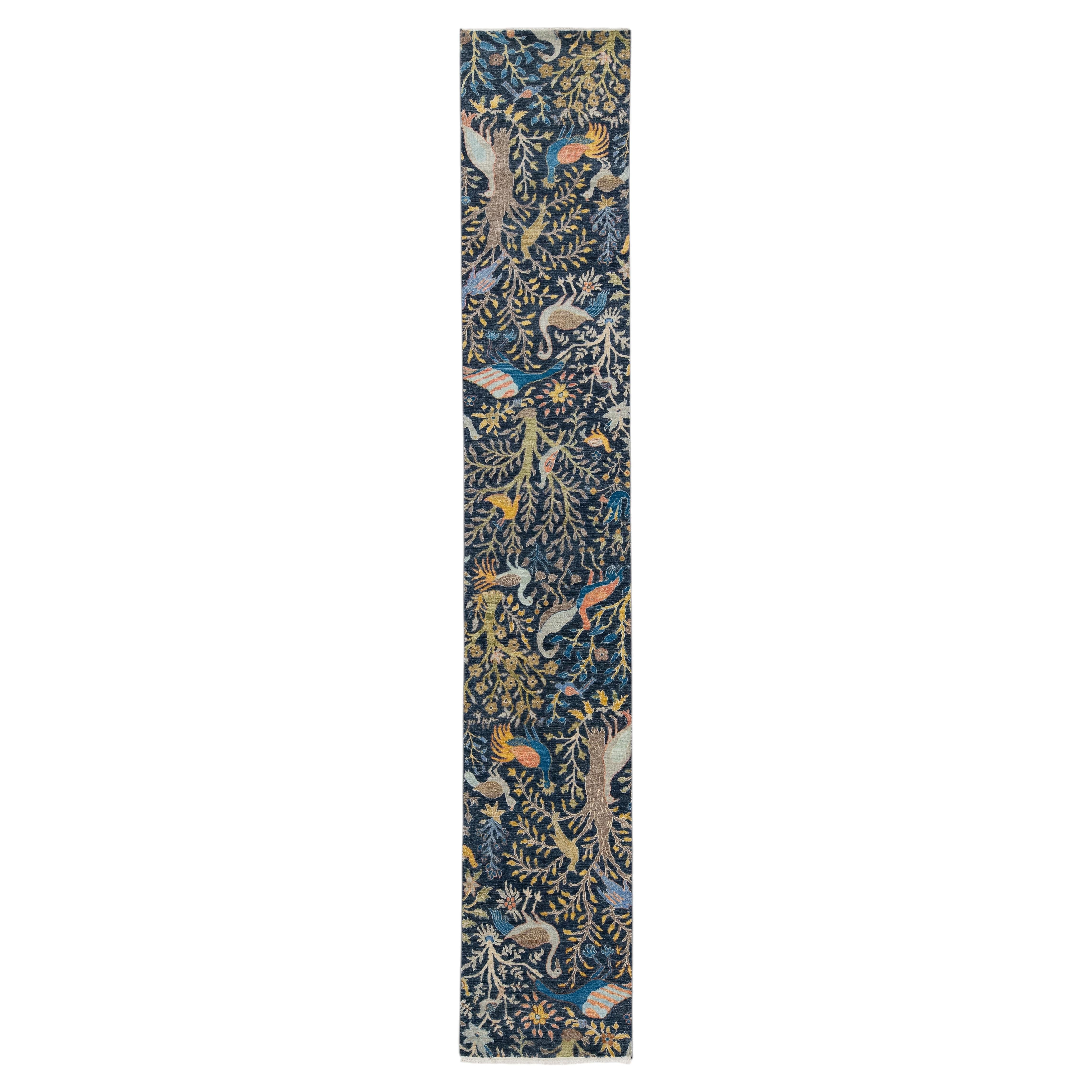 Modern Arts & Crafts Style "Tree of Life" Wool Runner in Midnight Blue & Ochre For Sale