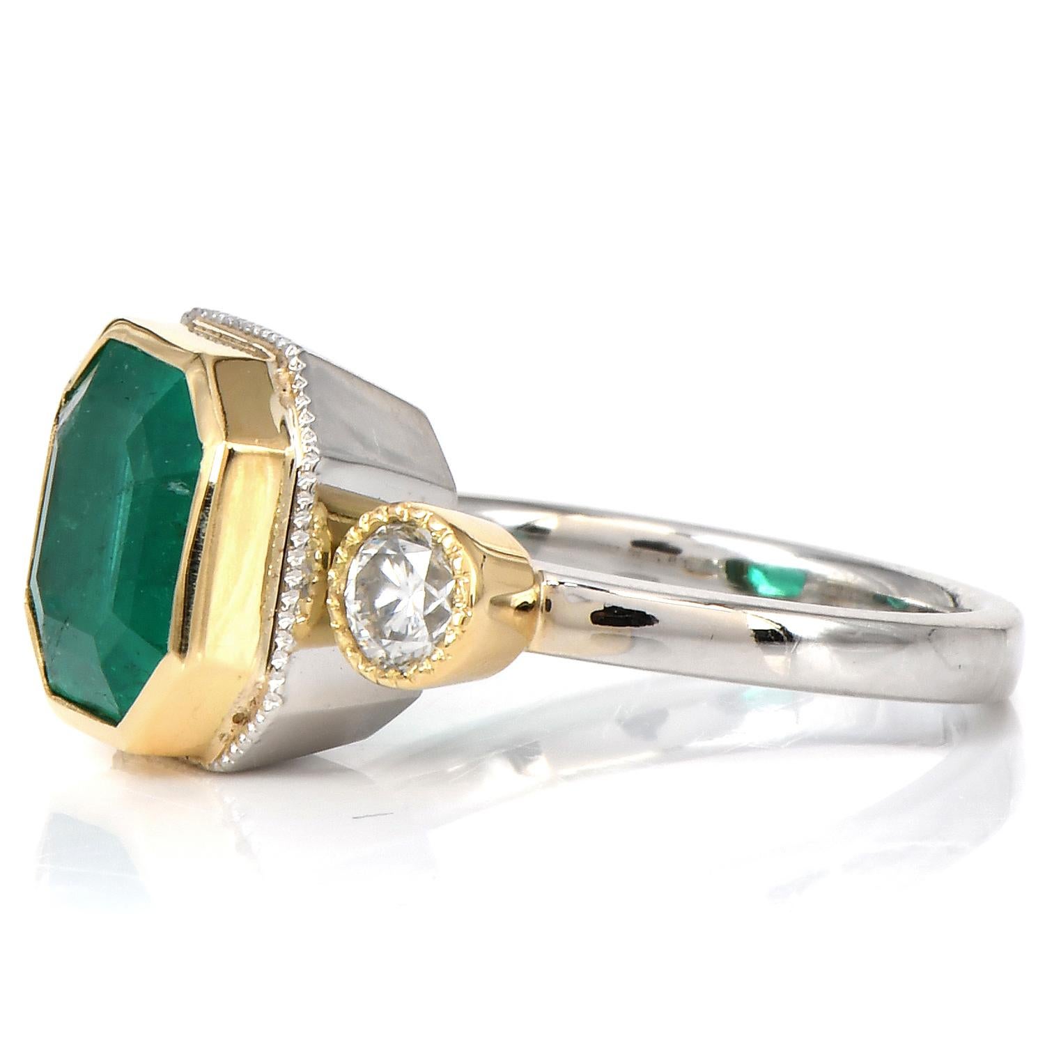 Treat yourself to this gorgeous Ascher-cut Emerald and Diamond three-stone ring! 

Exuding femineity and grace, this exquisite, transparent Genuine Emerald, unlike some emeralds,  is set in solid platinum and 18k yellow gold, weighing