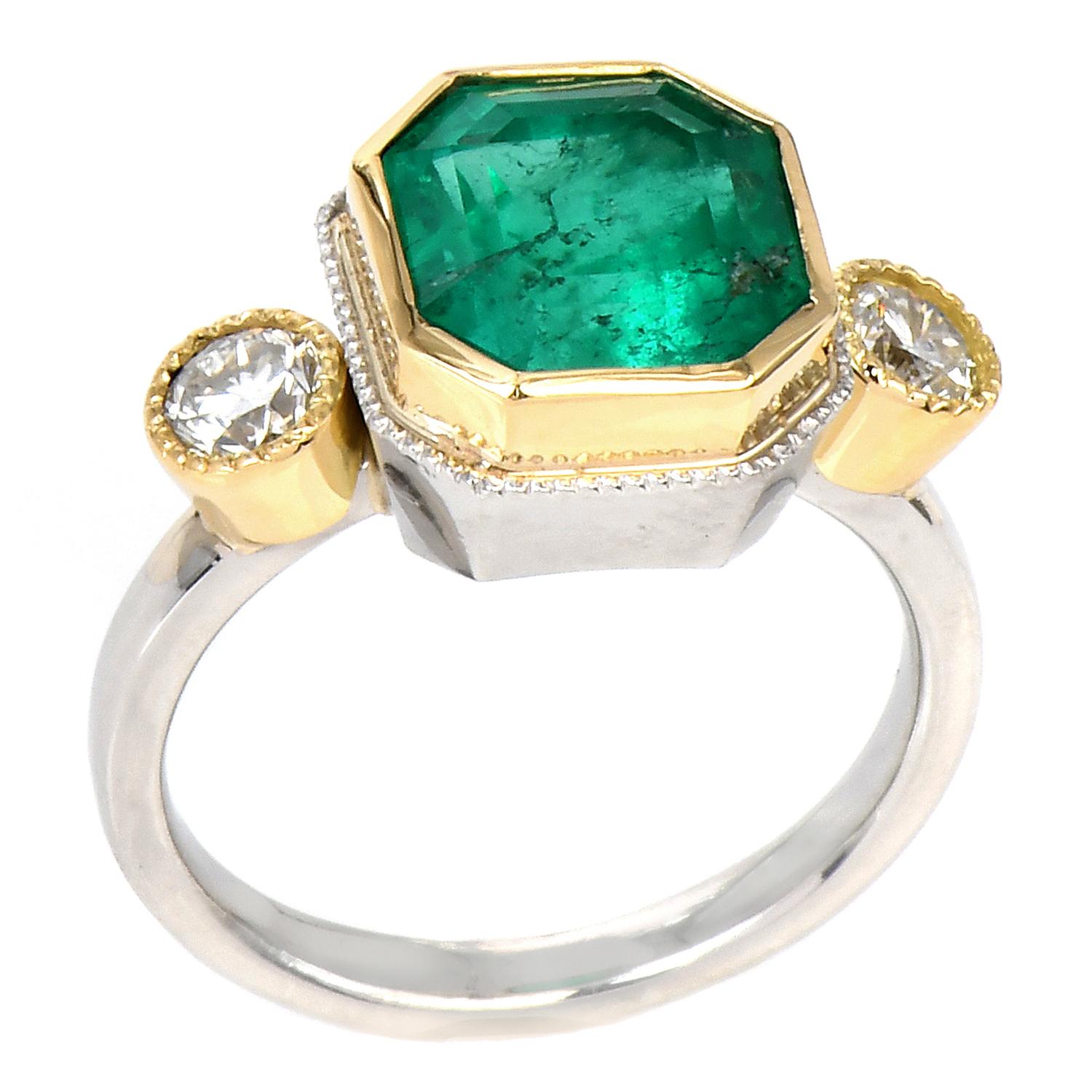 Emerald Cut Modern Ascher-Cut Emerald Diamond Platinum Three Stone 18k Gold Ring For Sale