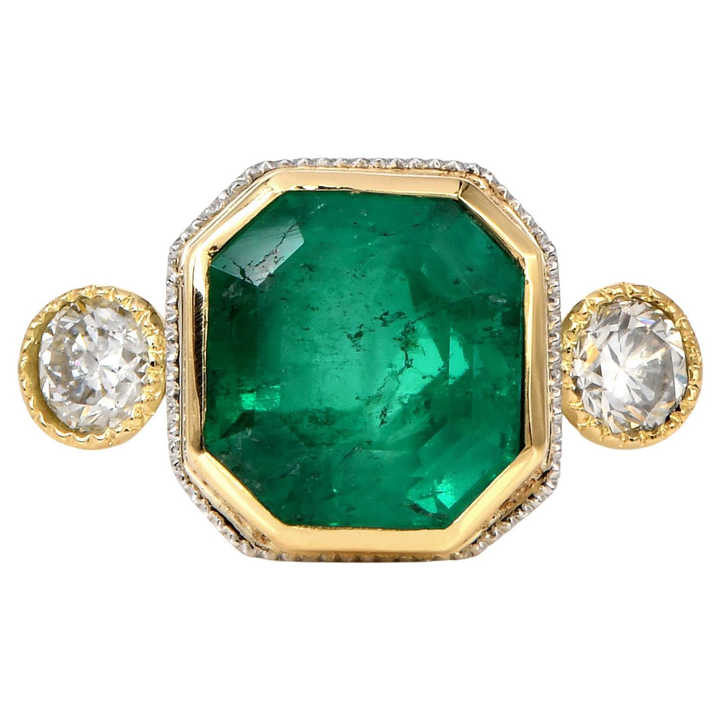 Modern Ascher-Cut Emerald Diamond Platinum Three Stone 18k Gold Ring For Sale