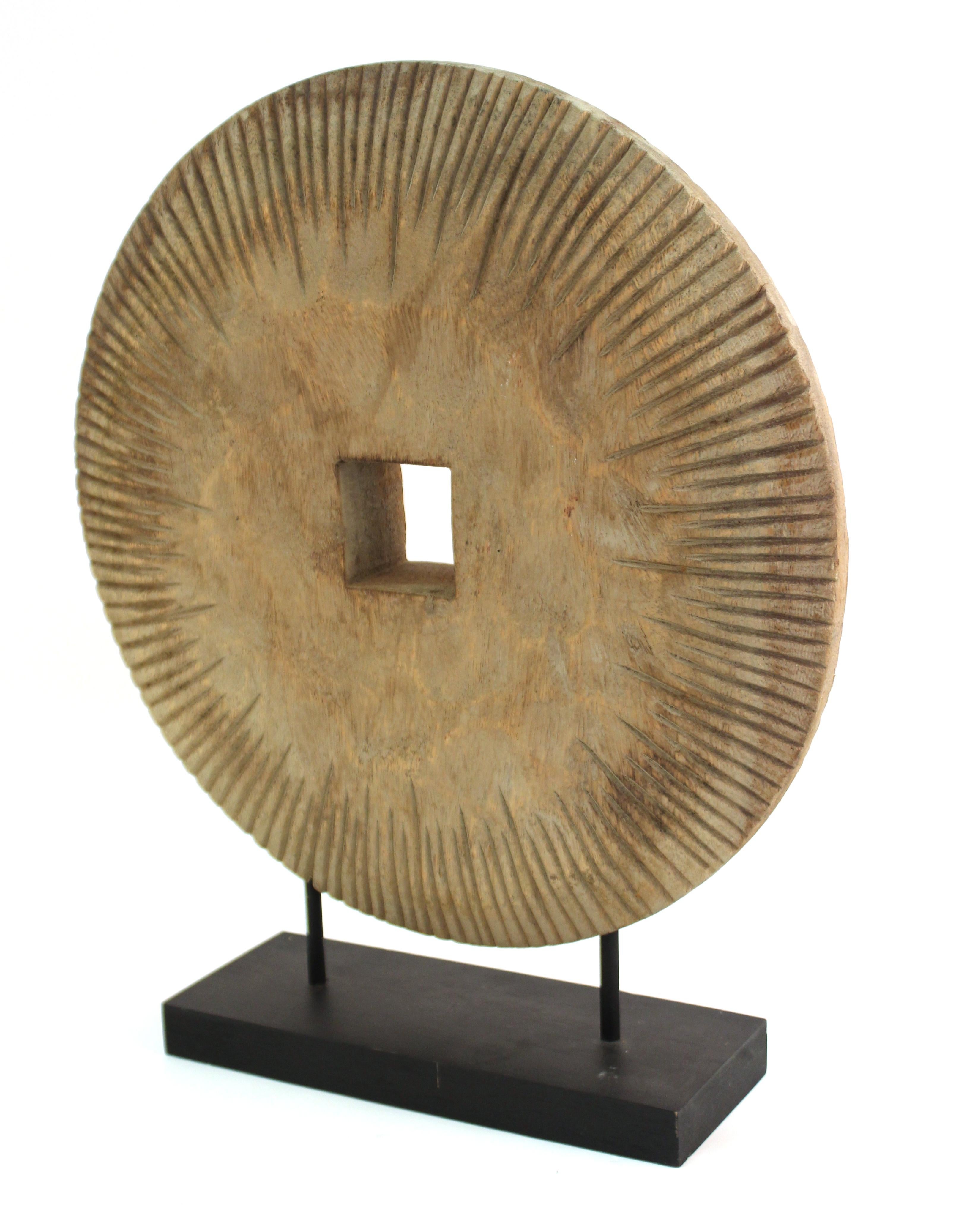 Modern Asian Archaic Style Carved Wood Disc on Stand In Good Condition In New York, NY