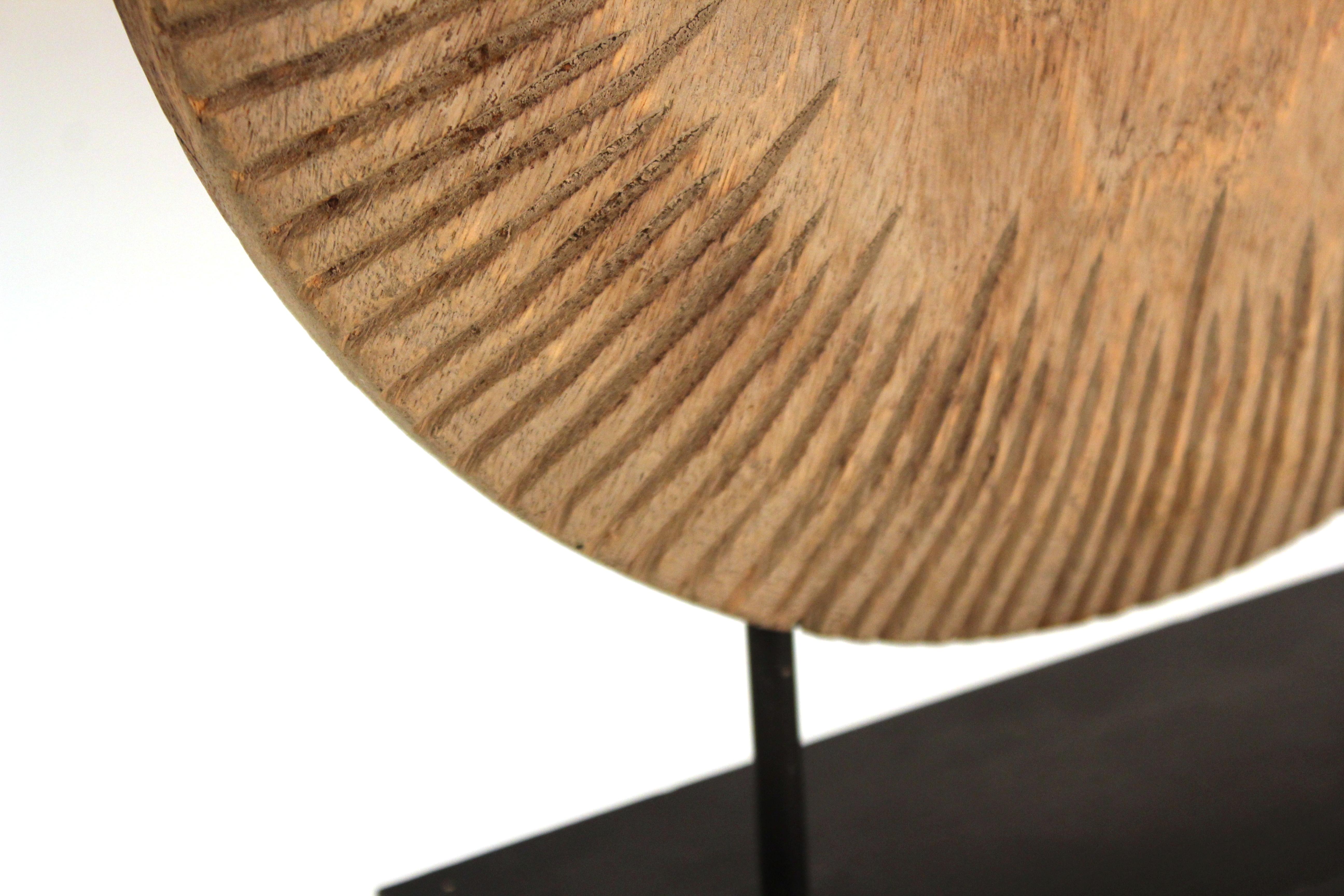 Modern Asian Archaic Style Carved Wood Disc on Stand 3