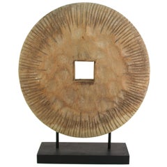 Modern Asian Archaic Style Carved Wood Disc on Stand