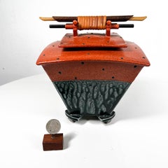 Modern Asian Art Pottery Stylized Red Jar Vessel Container