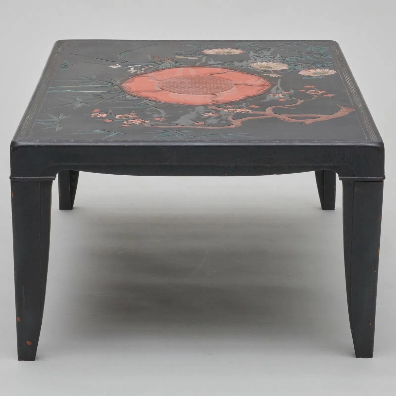 Modern Asian Inspired black & Polychrome lacquered low table In Good Condition For Sale In Dallas, TX