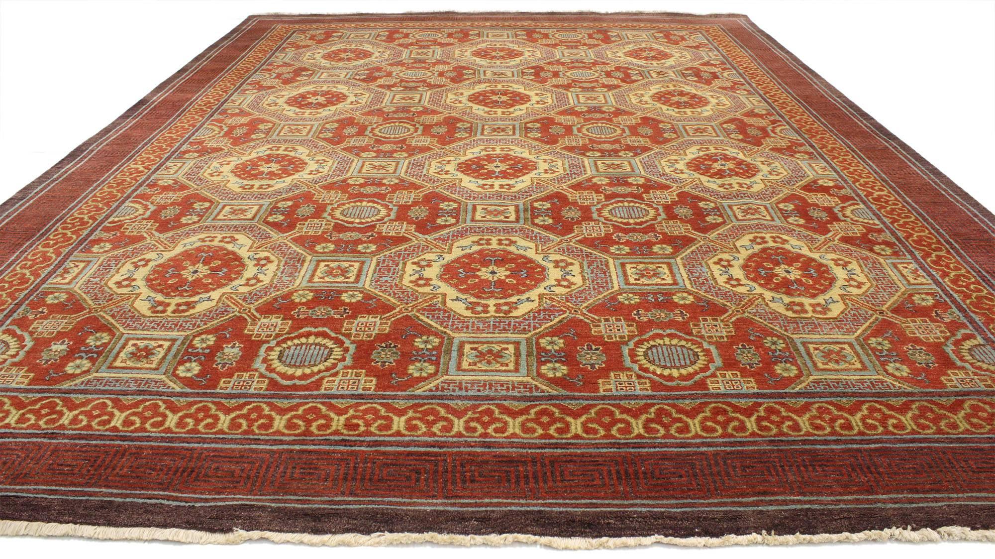30351, new modern Asian Khotan design rug with Hollywood Regency style. This hand-knotted wool modern Asian Khotan design area rug with Hollywood Regency style features an all-over pattern of alternating interlocking octagons, each set with red