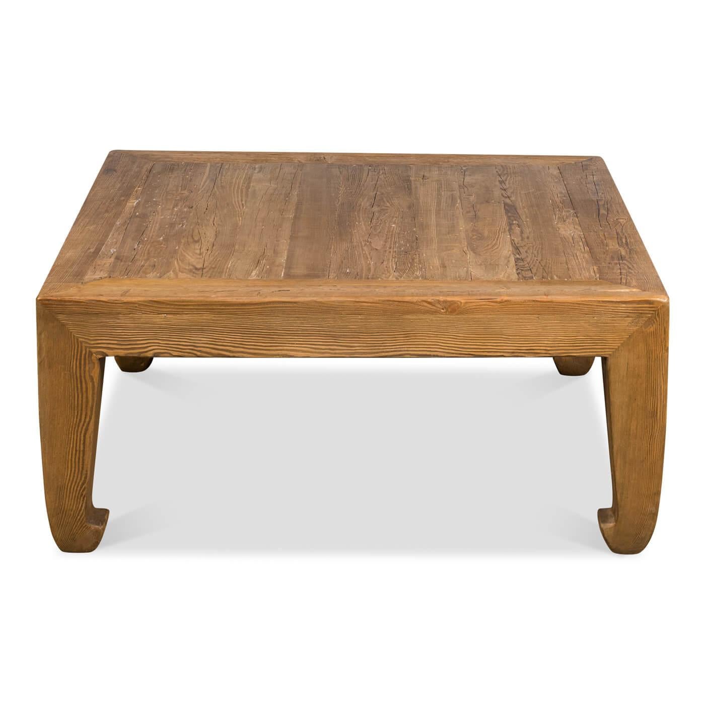 Asian-style square coffee table of reclaimed pine, a classic style inspired by the far east. This table is a square shape with horse hoof-style legs, a design that dates back to the 14th century. 

Dimensions: 39