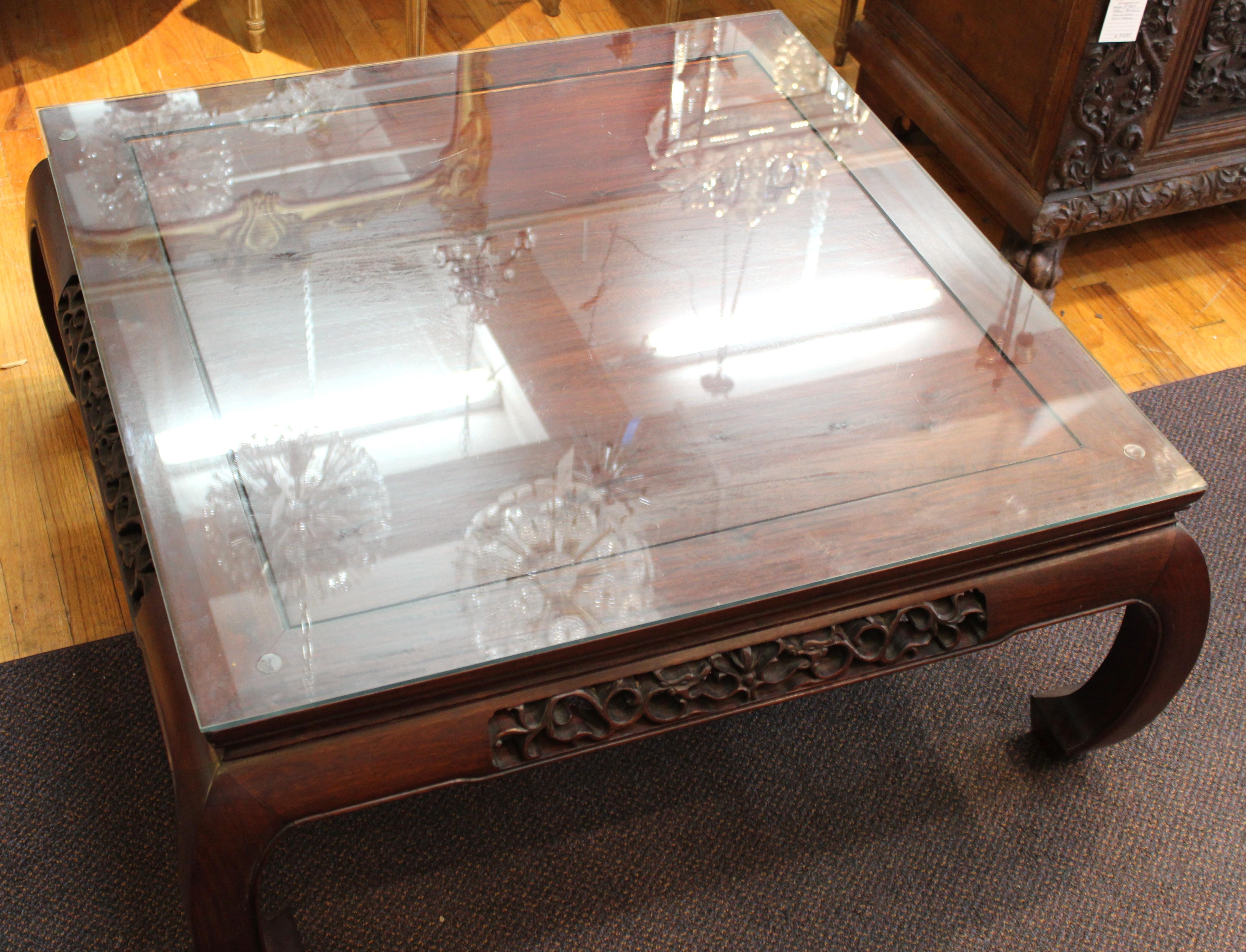 20th Century Modern Asian Style Square Coffee Table in Wood with Glass Top
