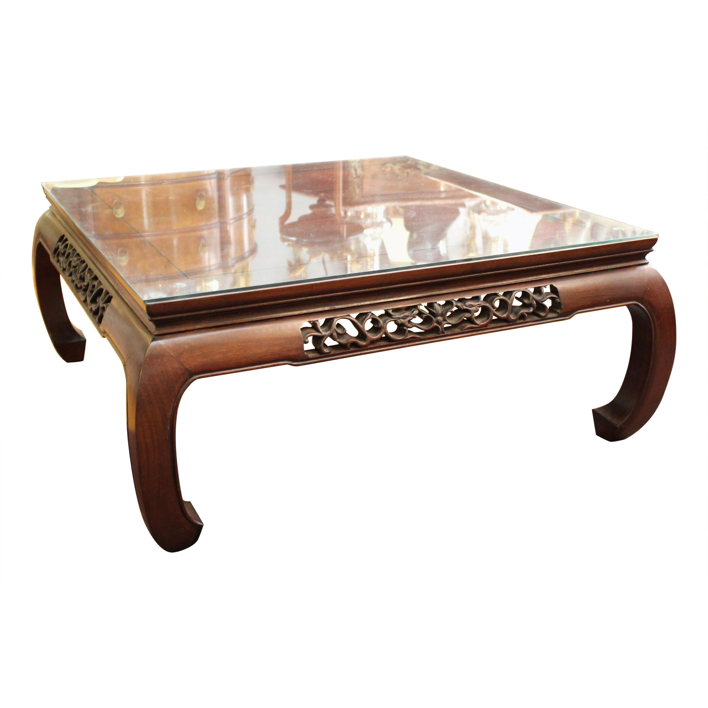 Modern Asian Style Square Coffee Table in Wood with Glass Top