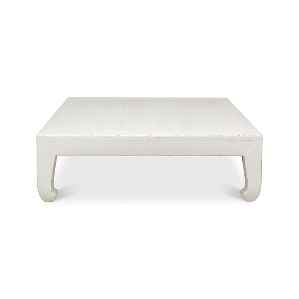 Modern Asian-style white coffee table, a Classic style inspired by the far east. This table is a large square shape with horse hoof-style legs, a design that dates back to the 14th century. 

Made of reclaimed pine with a slightly distressed white