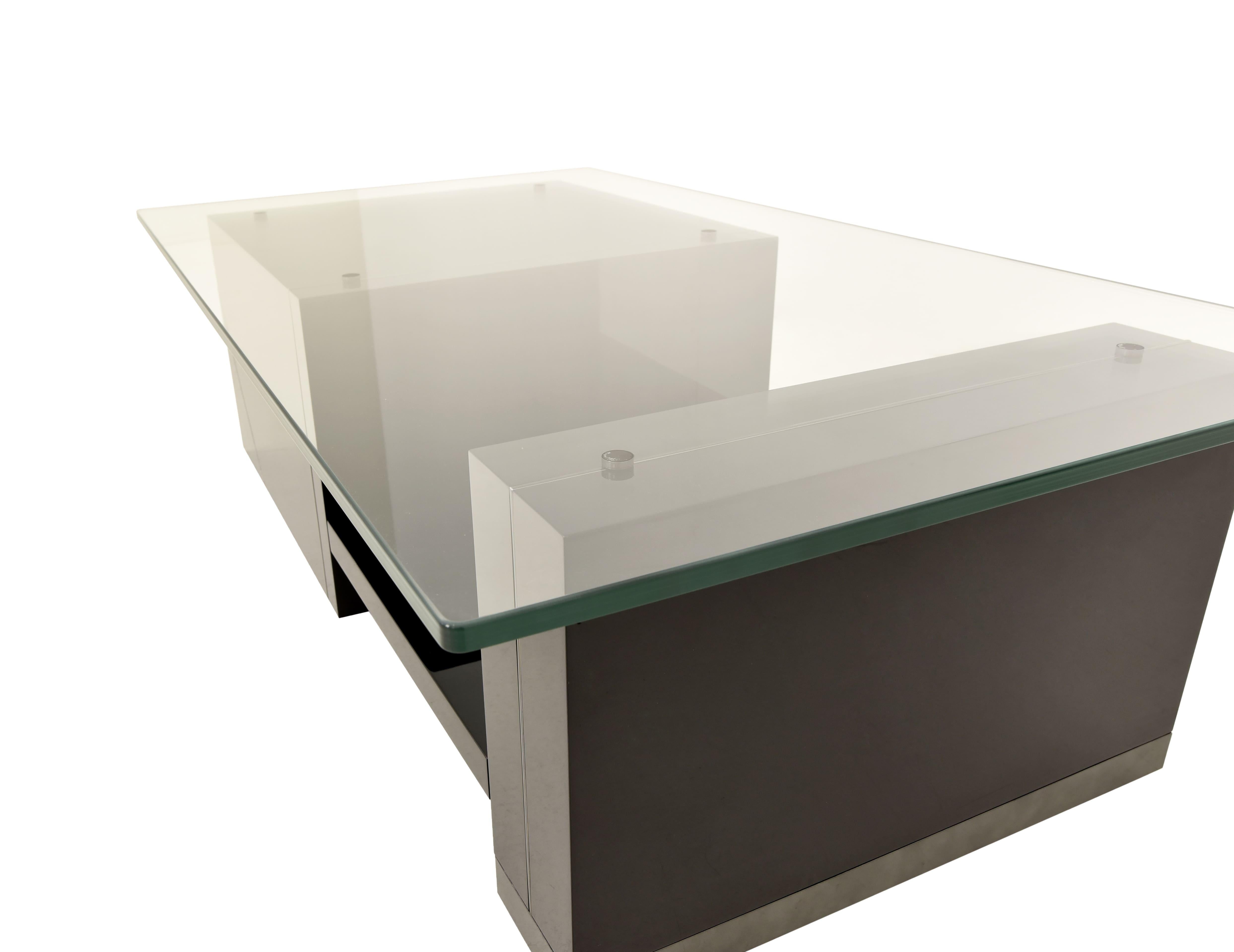 Brushed Modern Aspen Center Table With Metal Details And Glass Top For Sale