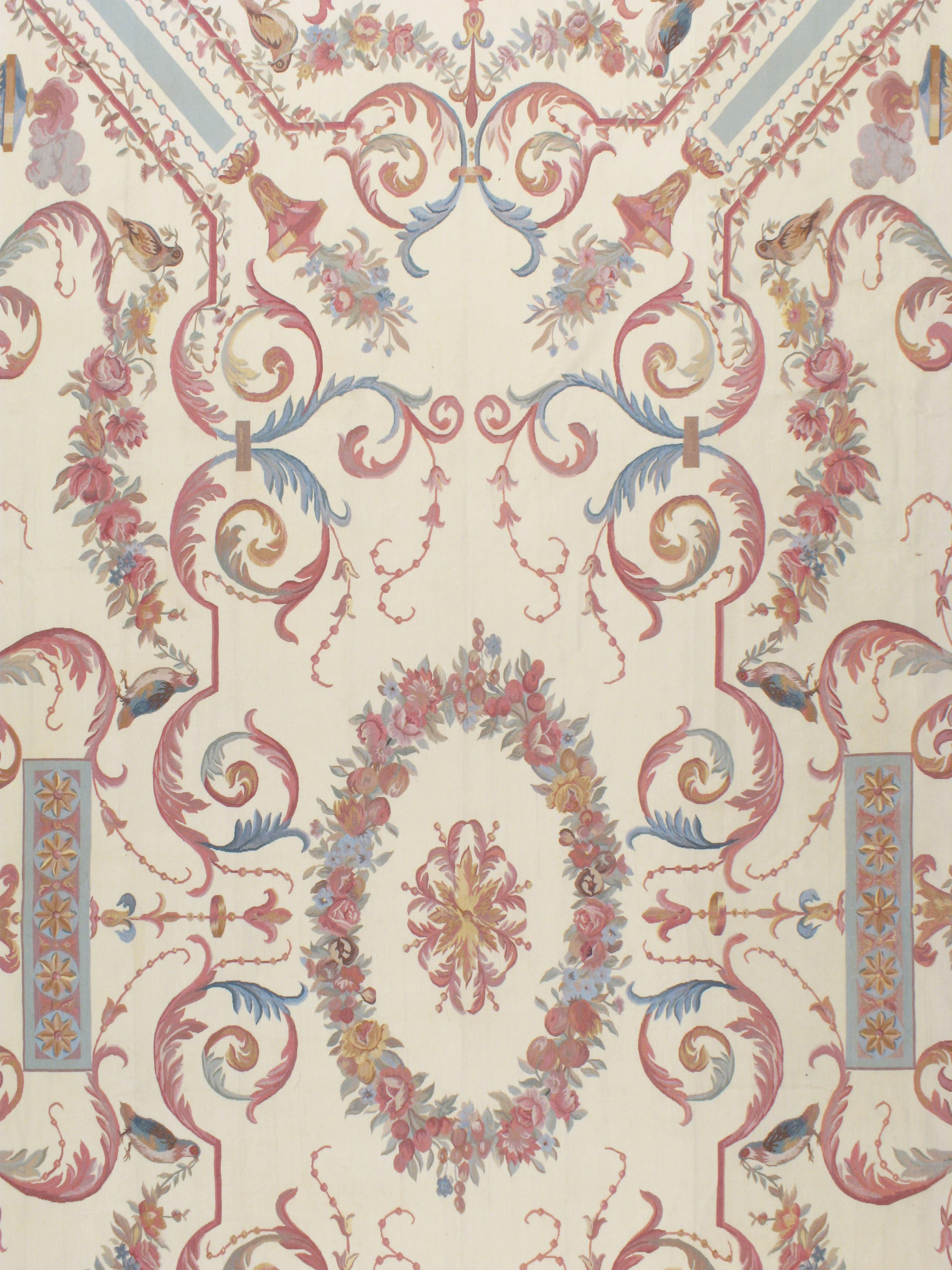Hand-Woven Contemporary Louis XV Style Aubusson in Ivory, Rose, Blue and Grey For Sale